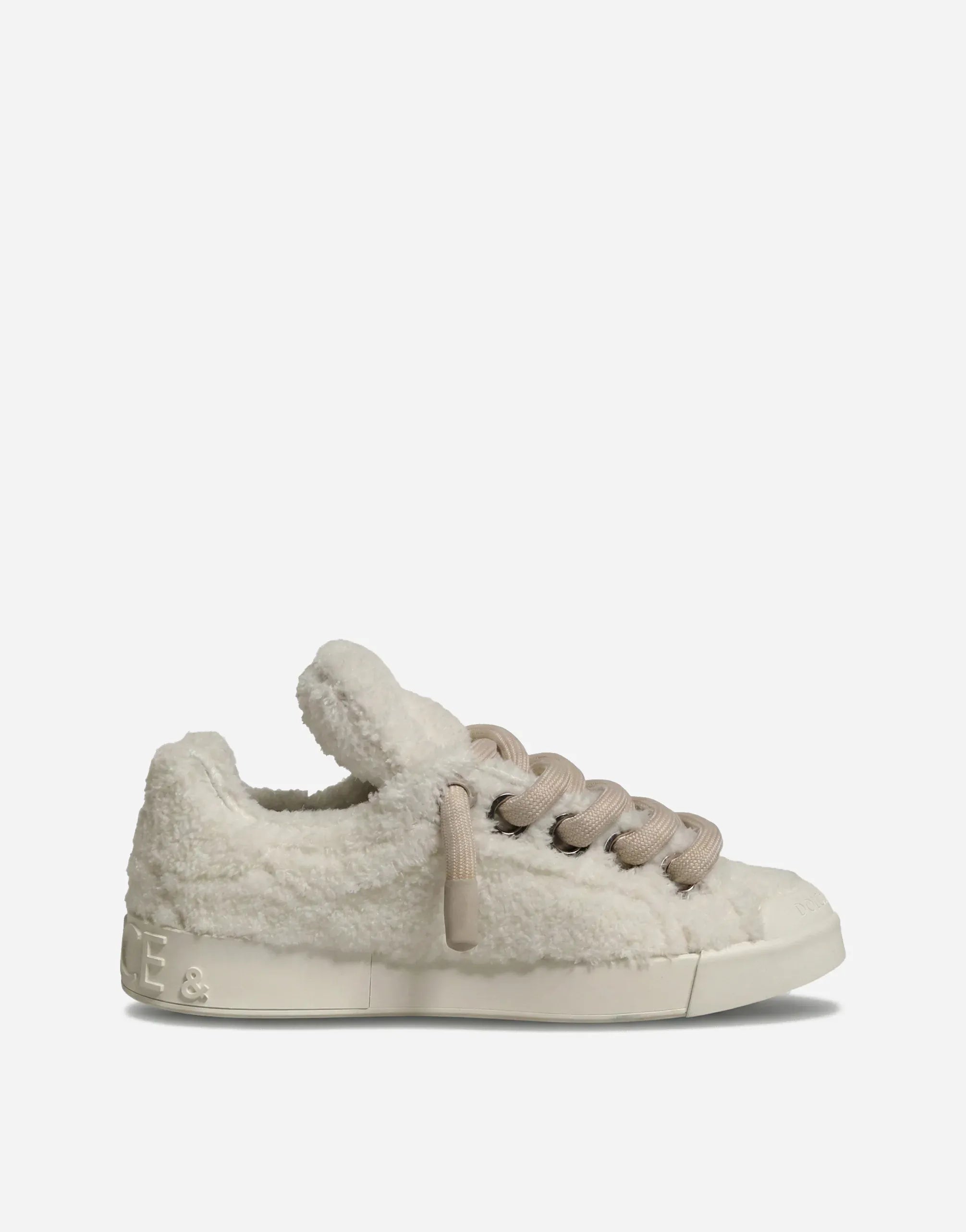 Dolce & Gabbana White Portofino Faux Shearling Low-Top Sneakers