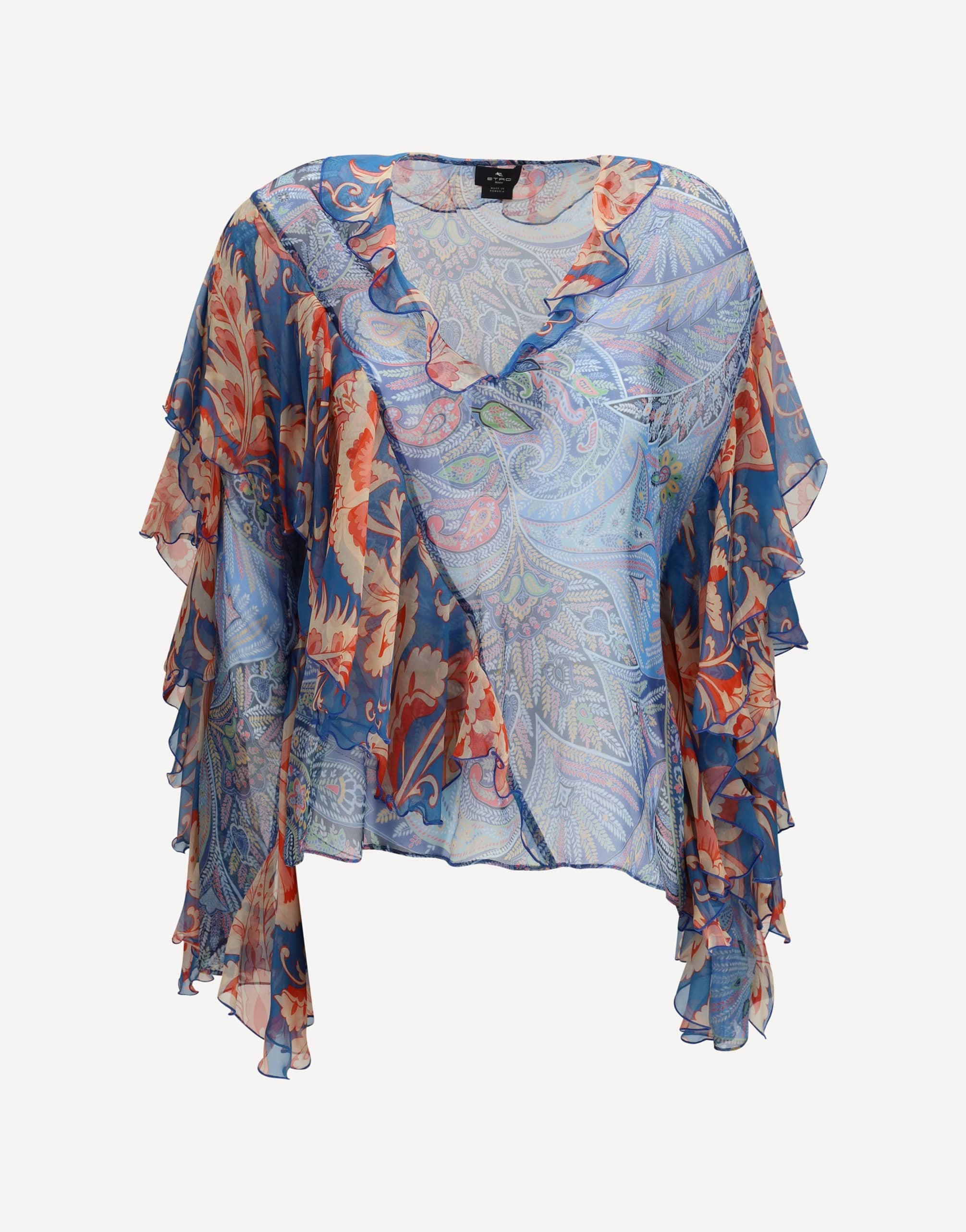 Etro Long-Sleeve Silk Shirt With Ruffles Floral Motif