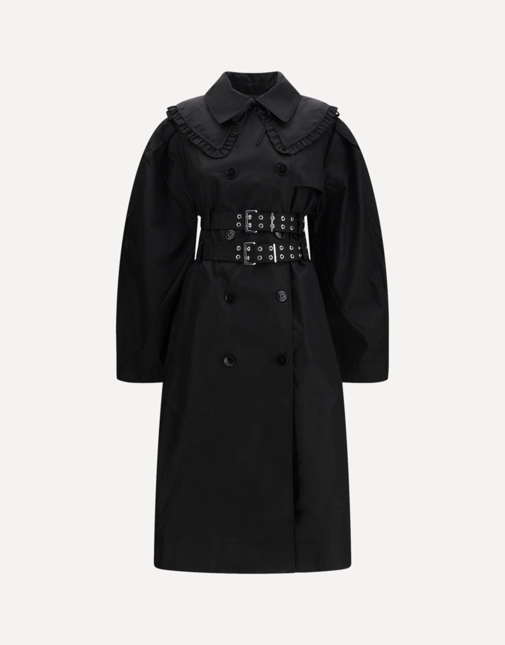 Ganni Belted Double-Breasted Ruffled Coat