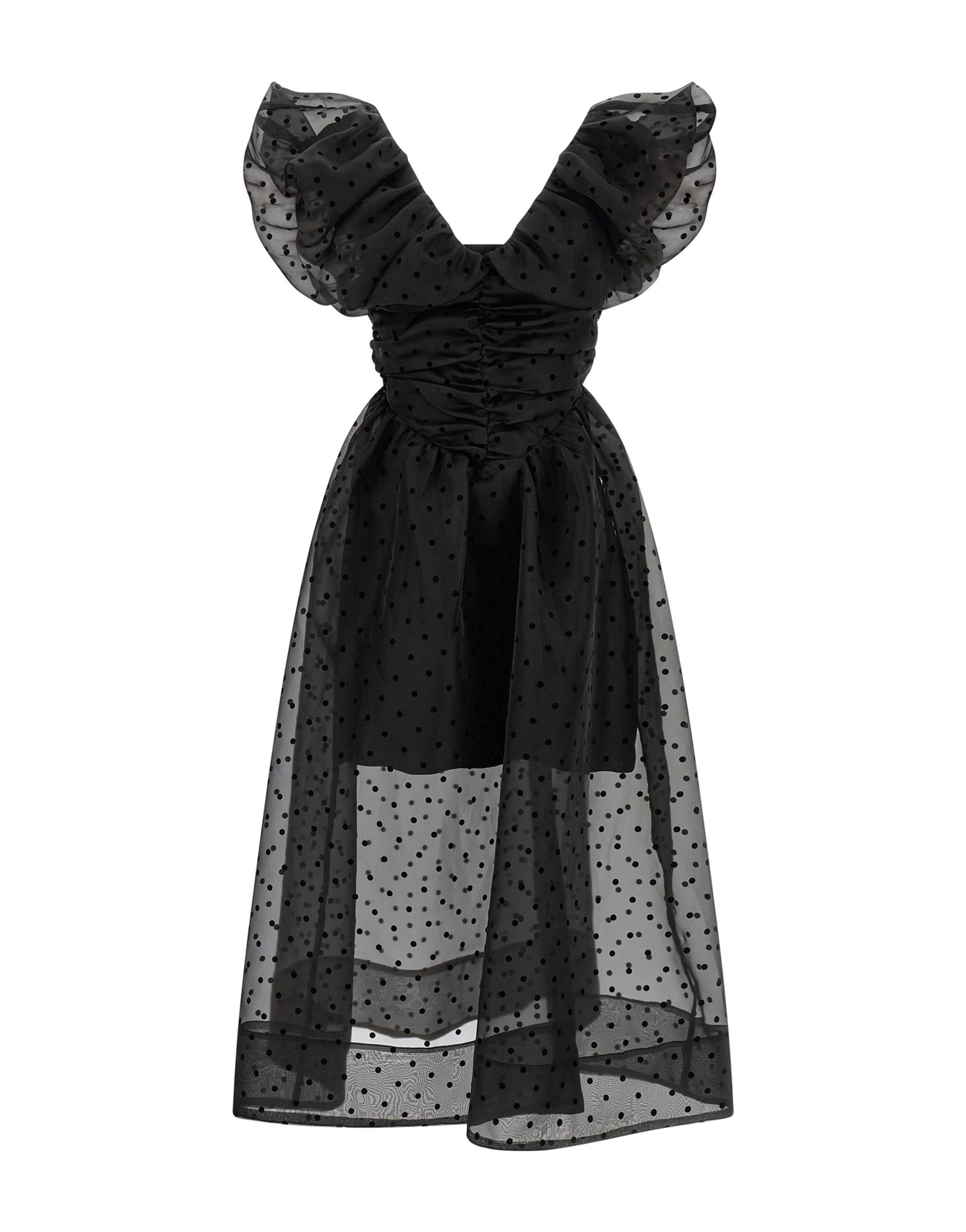 Ganni Black Organza Ruched Midi Dress