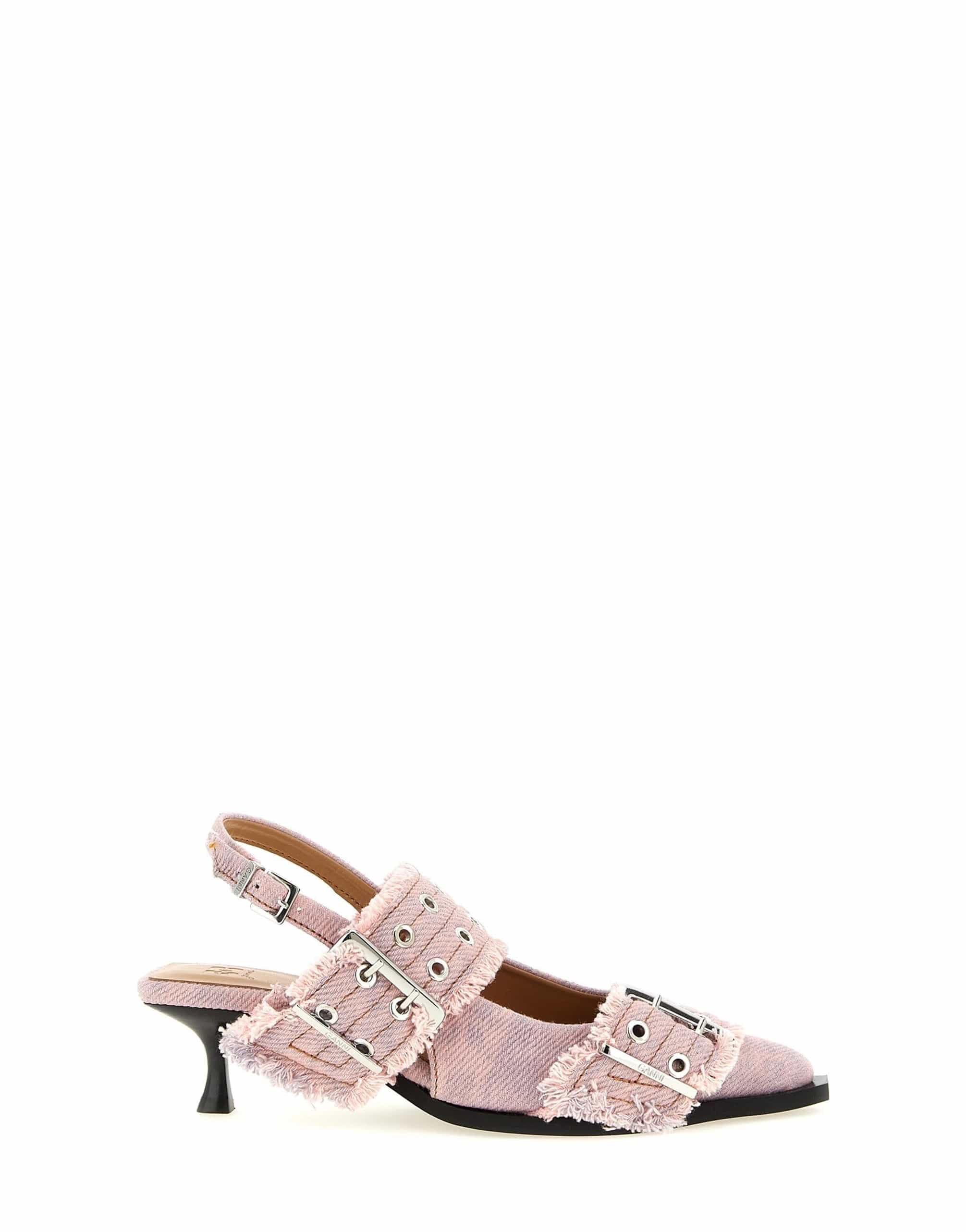 Ganni Ganni Buckle Fringed Denim Slingback