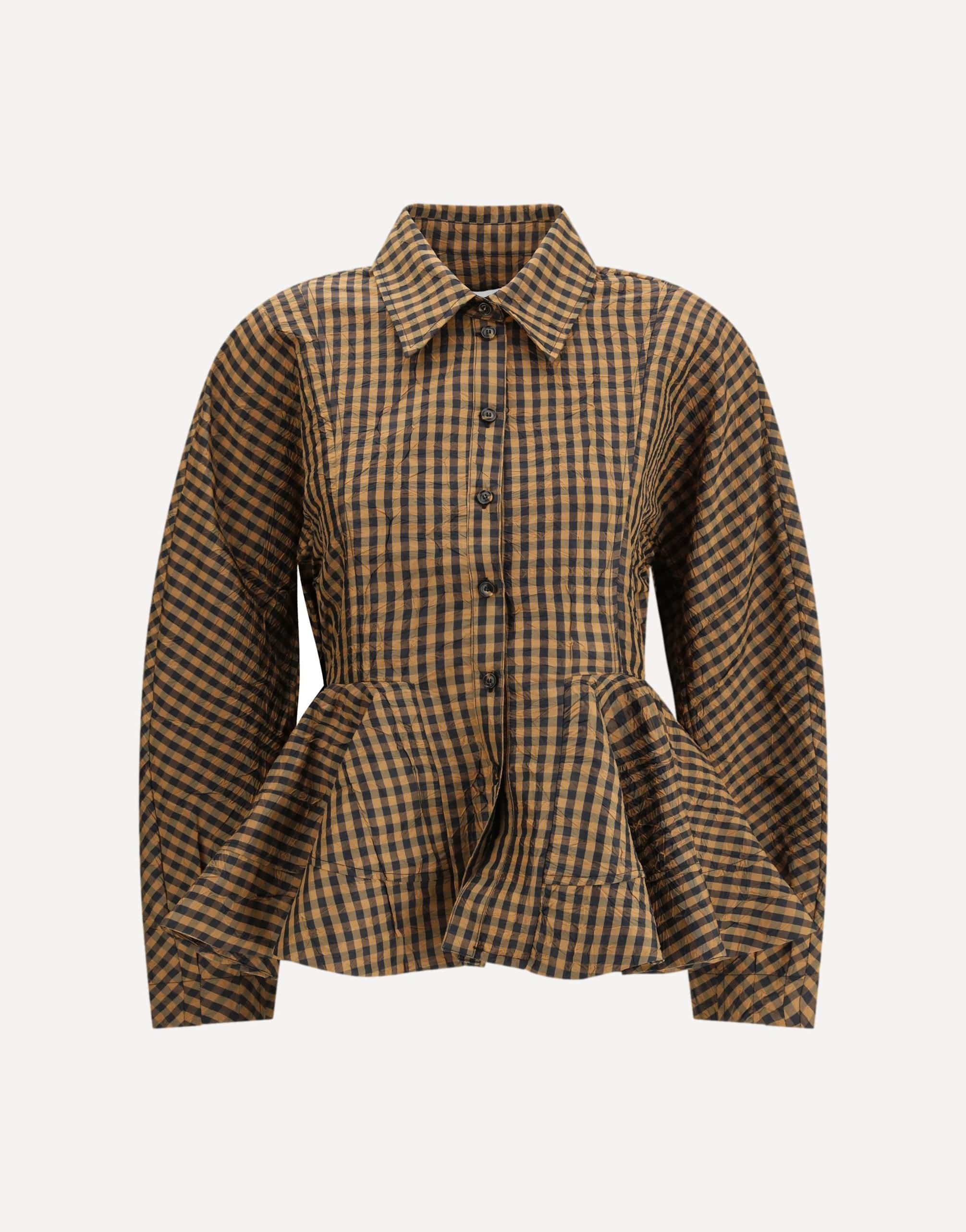 Ganni Crinkled Checked Taffeta Peplum Blouse