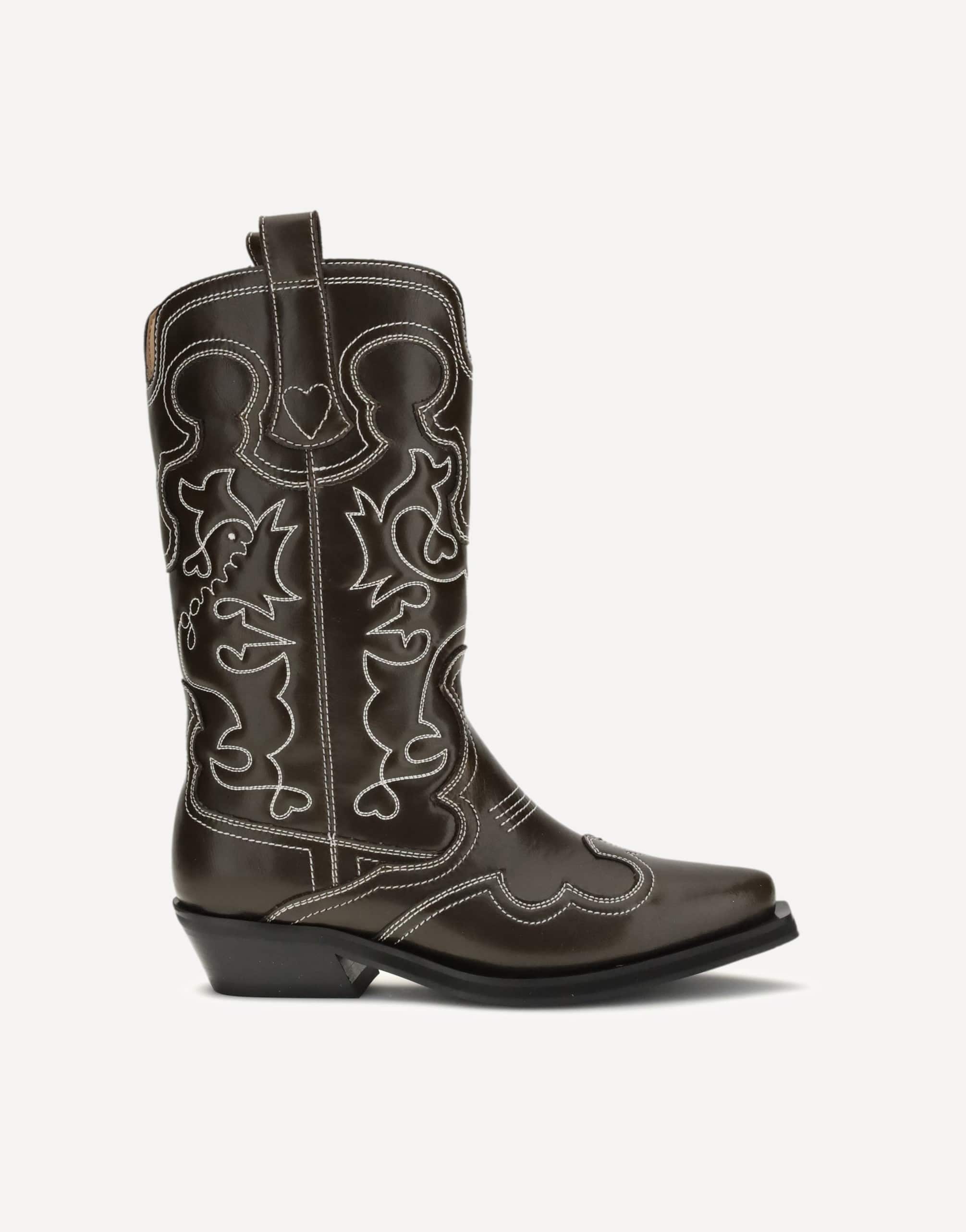 Ganni Faux-Leather Texan Boots With Embroidery