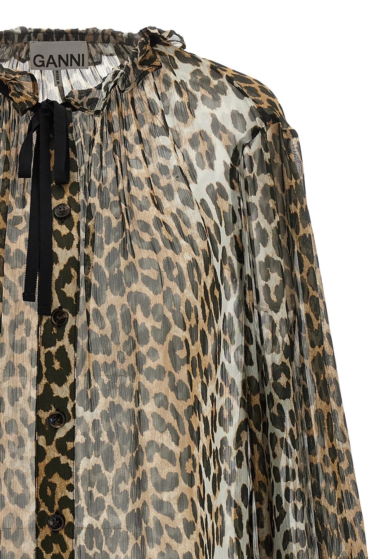 Ganni Ganni Leopard Print Chiffon Tie String Shirt