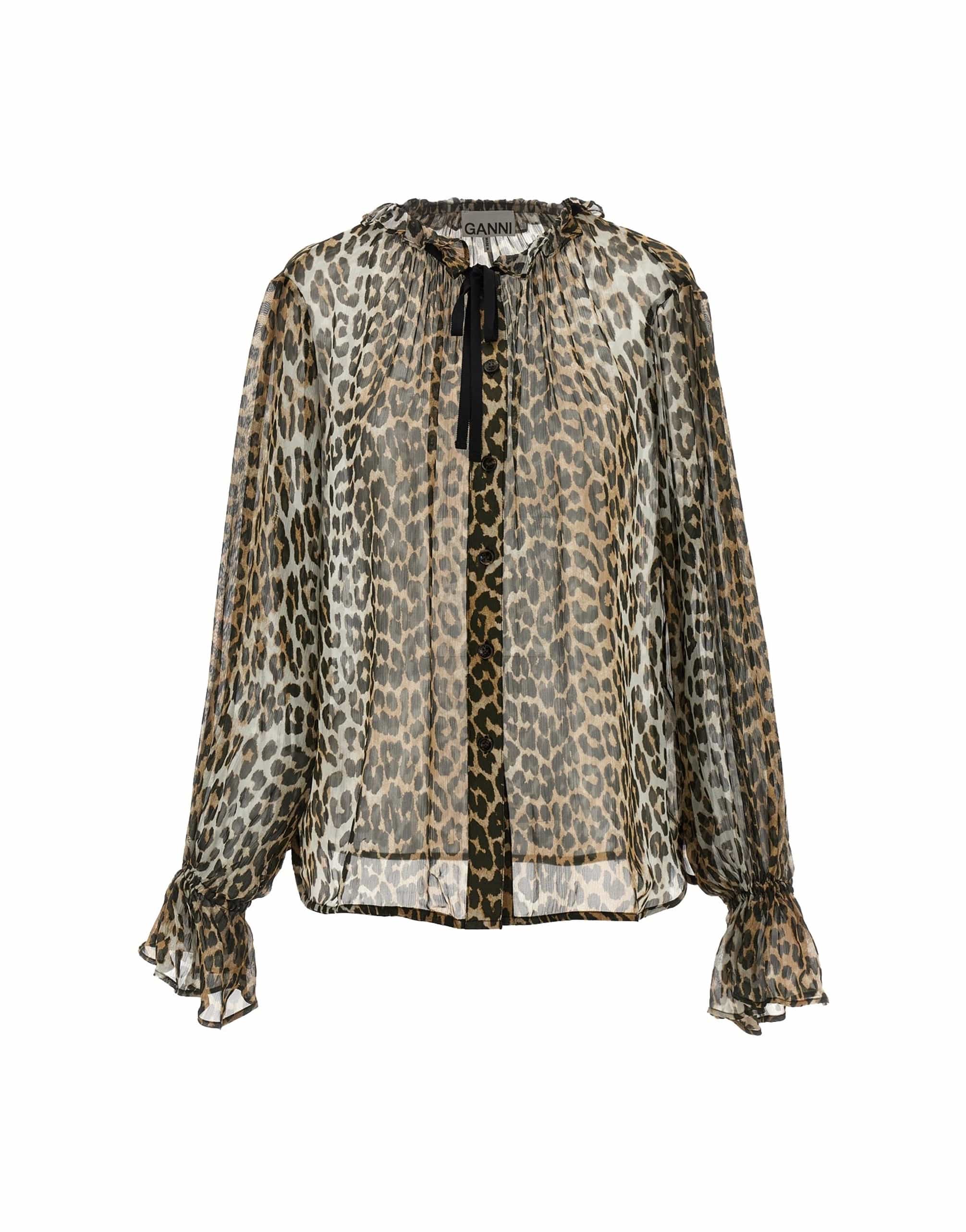 Ganni Ganni Leopard Print Chiffon Tie String Shirt