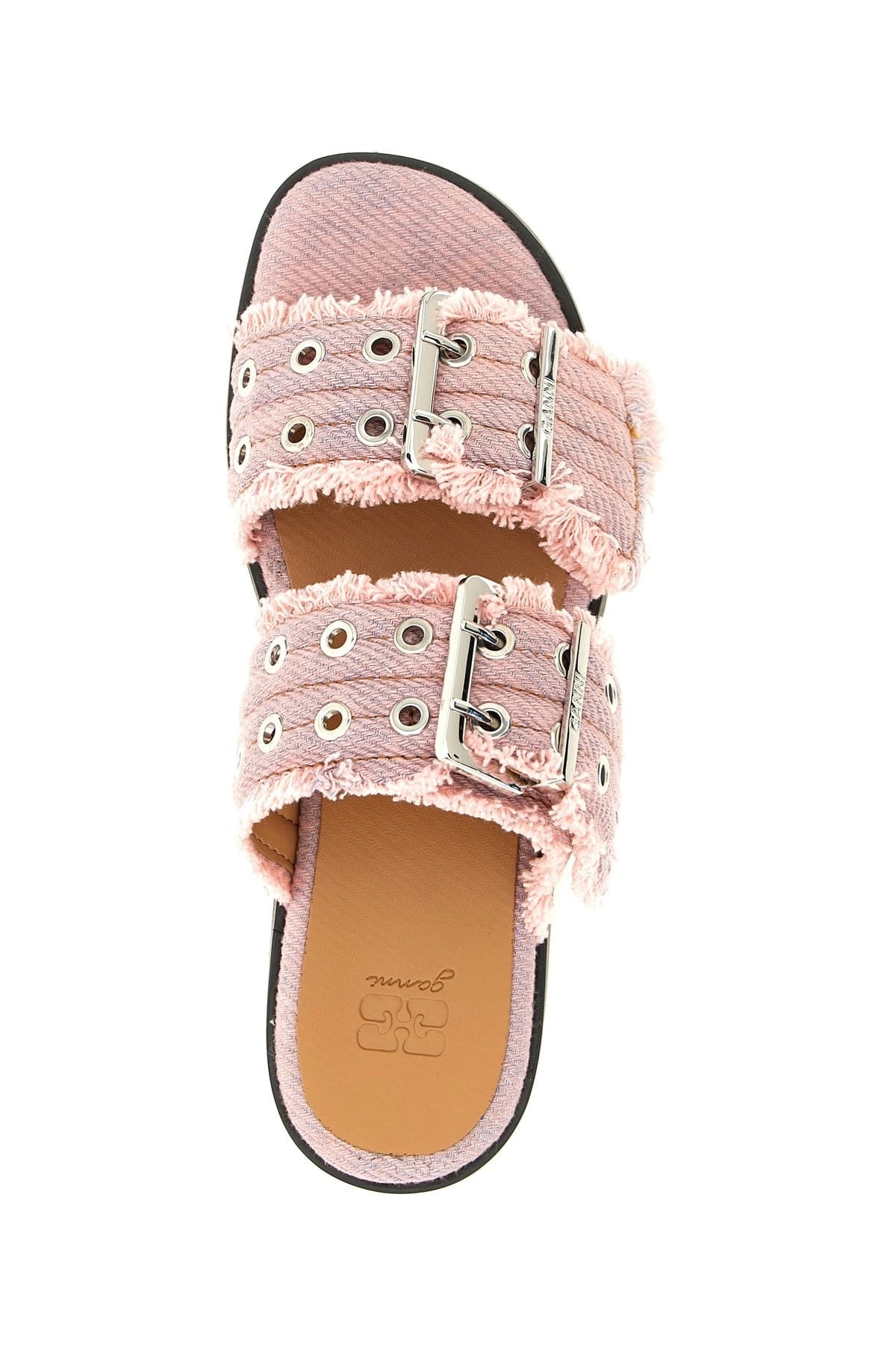 Ganni Ganni Pink Buckle Fringed Denim Sandals