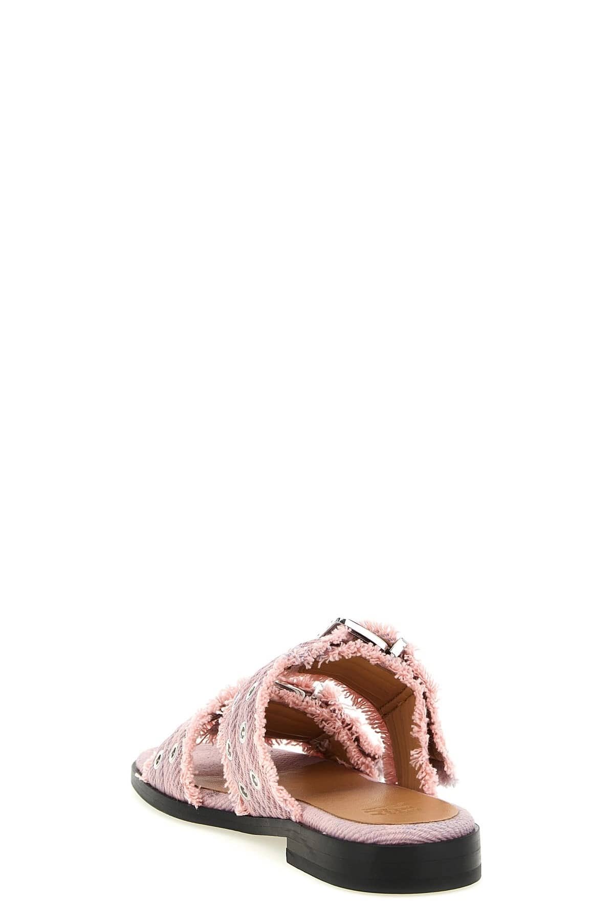 Ganni Ganni Pink Buckle Fringed Denim Sandals