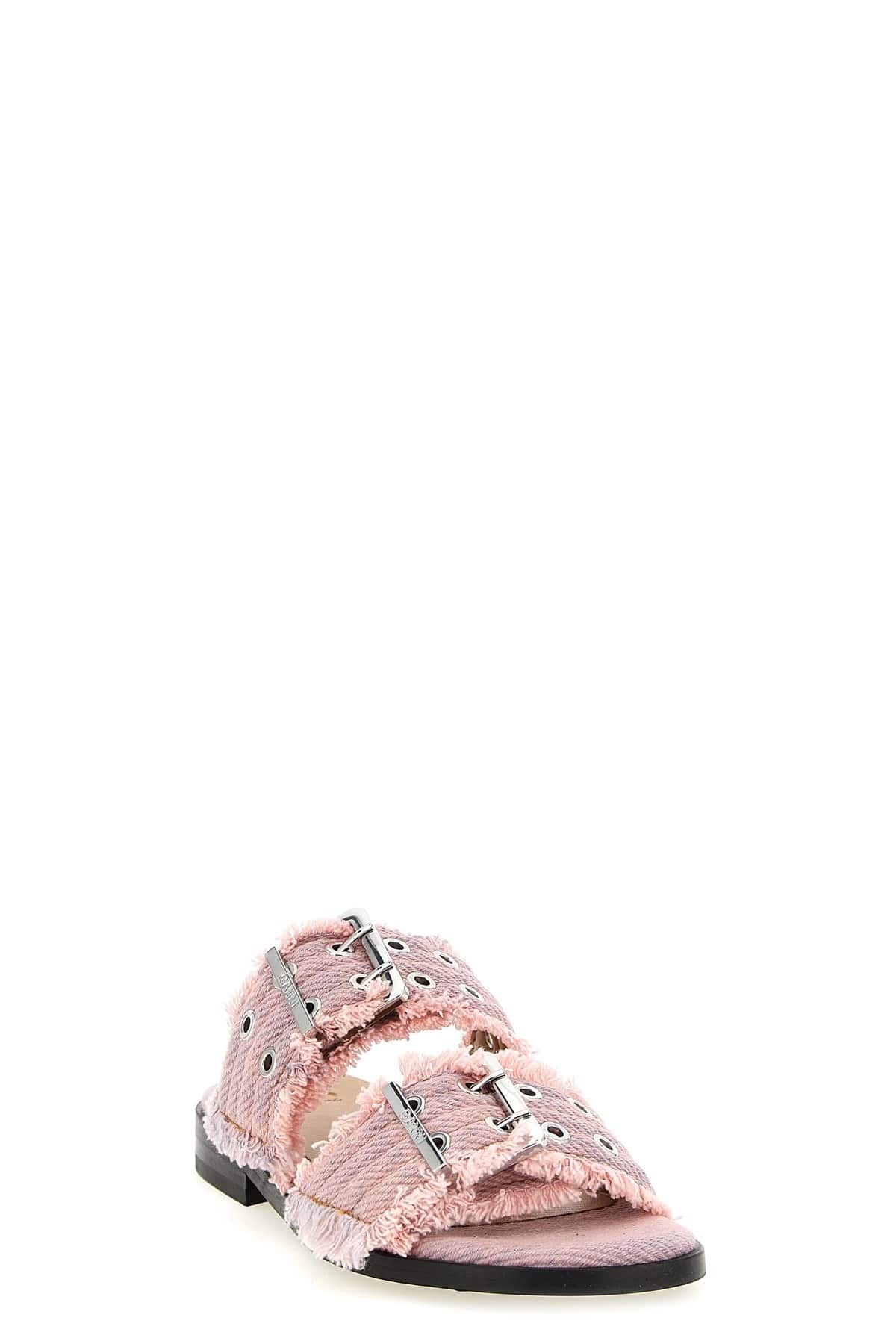 Ganni Ganni Pink Buckle Fringed Denim Sandals