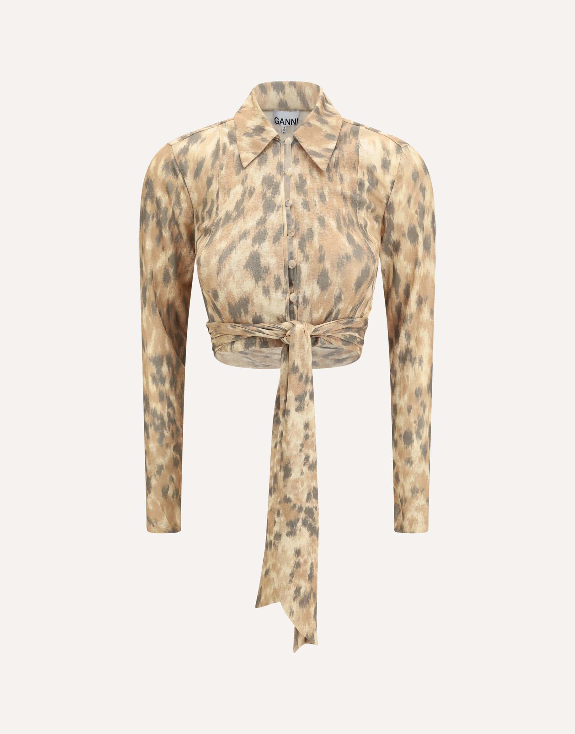Ganni Printed Marl Mesh Tie Blouse