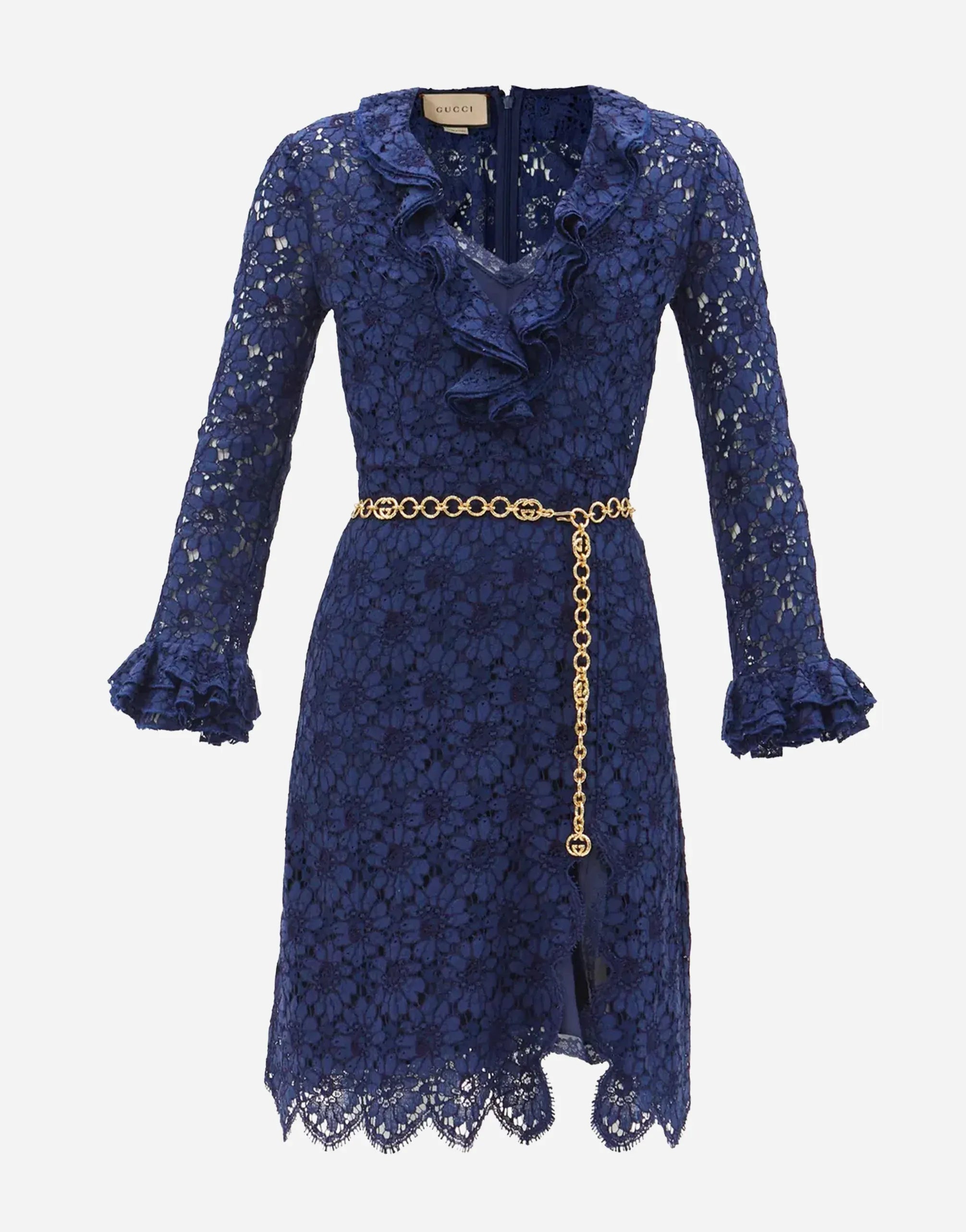 Gucci Belted Floral-Lace Mini Dress