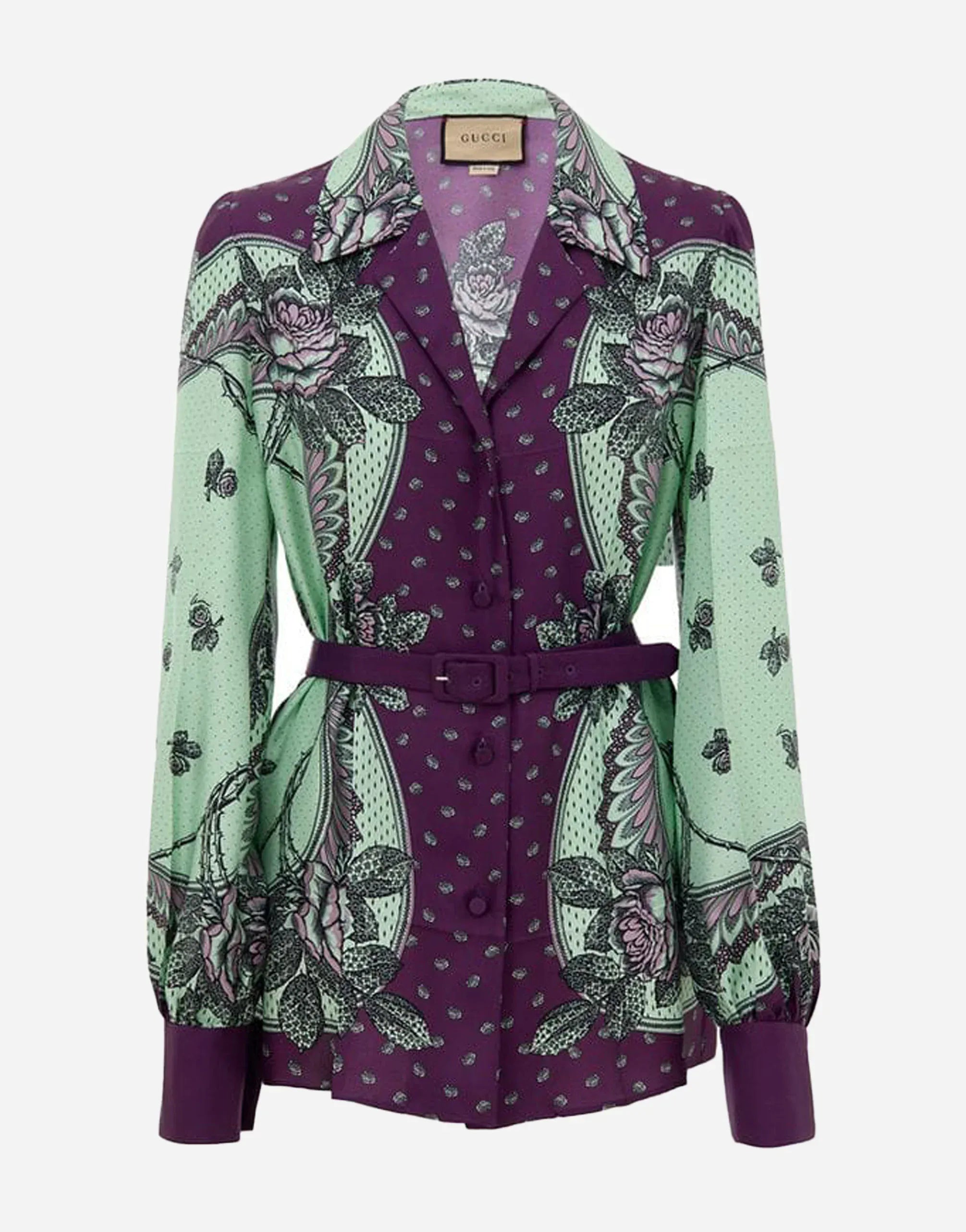 Gucci Pattern V-Neck Robe-Style Blouse