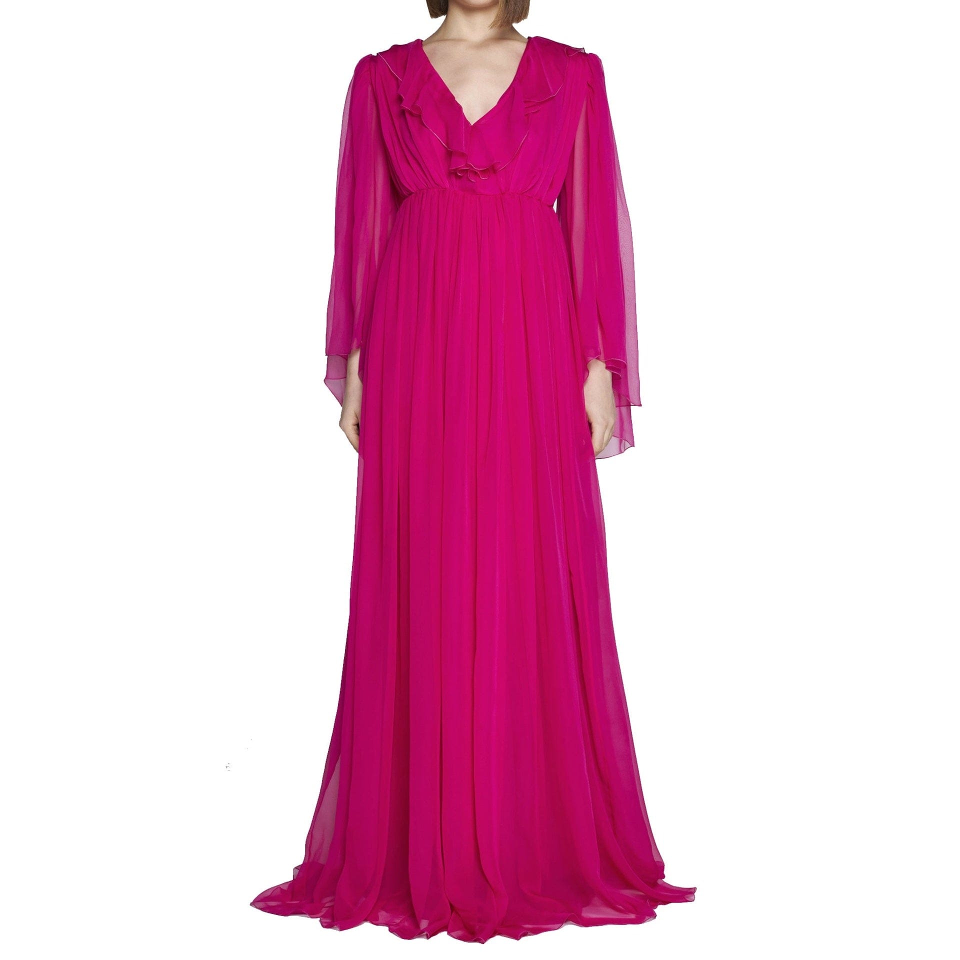 Vestido midi de seda con manga larga y cuello de pico - alternate view