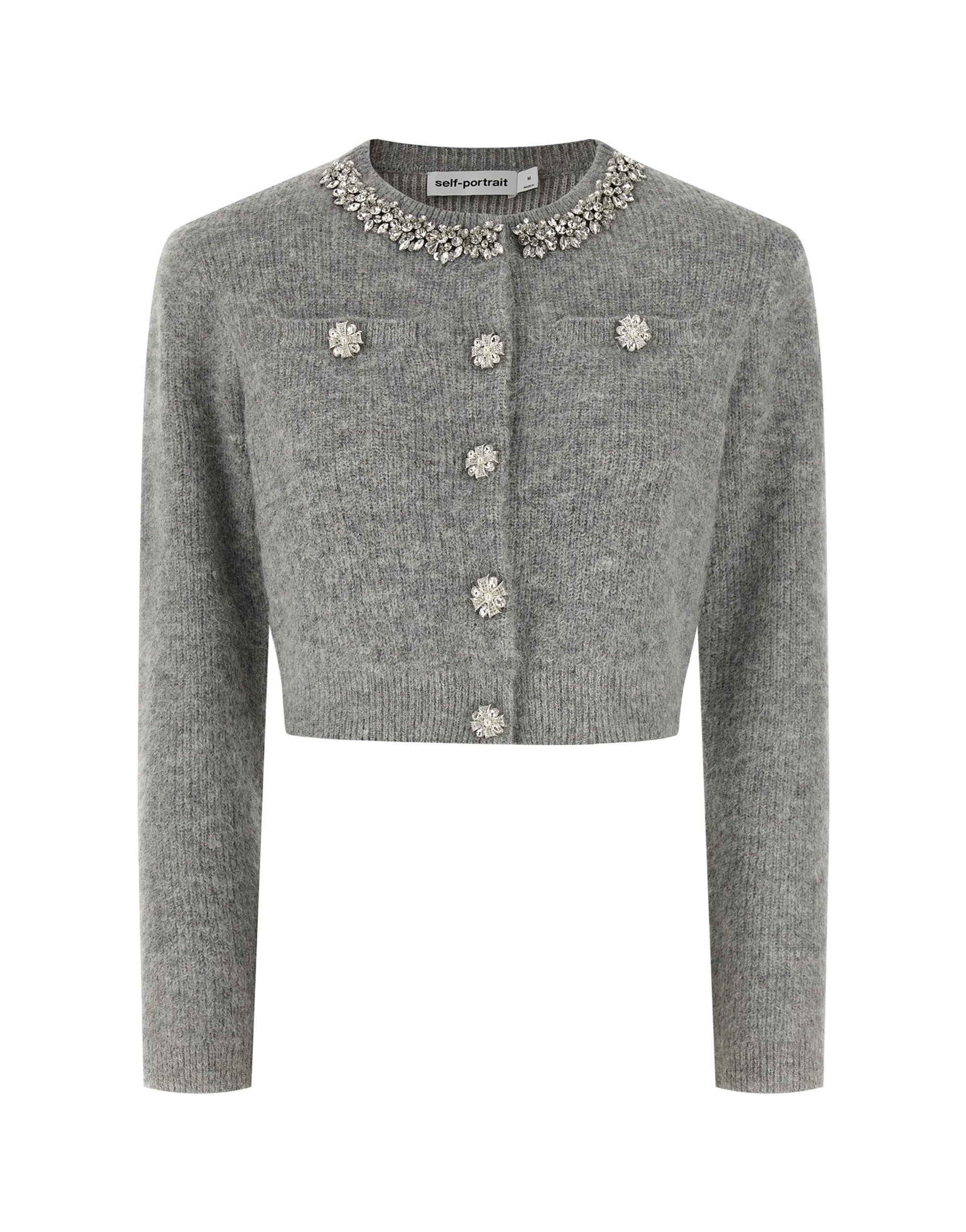 Self-Portrait Grey Fluffy Crystal Trim Cardigan