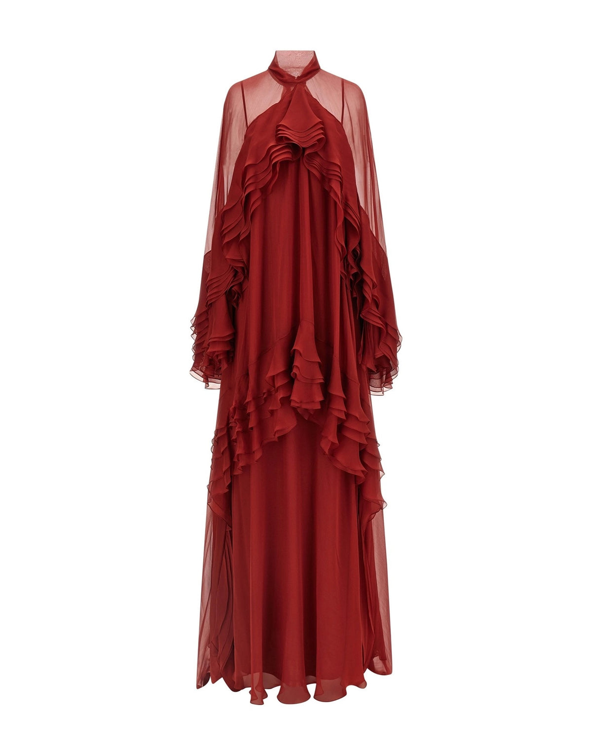 Alberta Ferretti Burgundy High-Neck Ruffle Maxi Dress