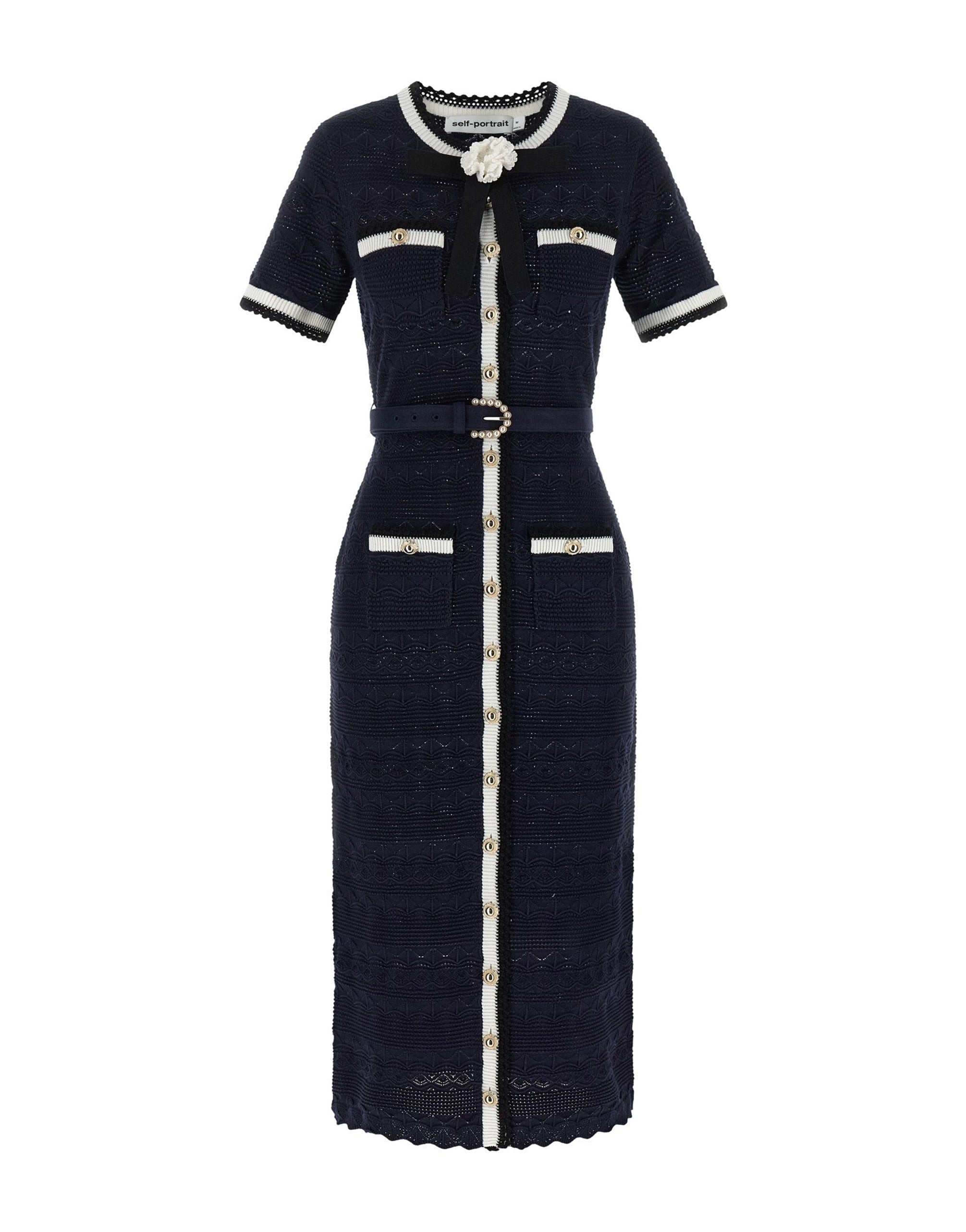 Self-Portrait Navy Pointelle-Strick-Midikleid