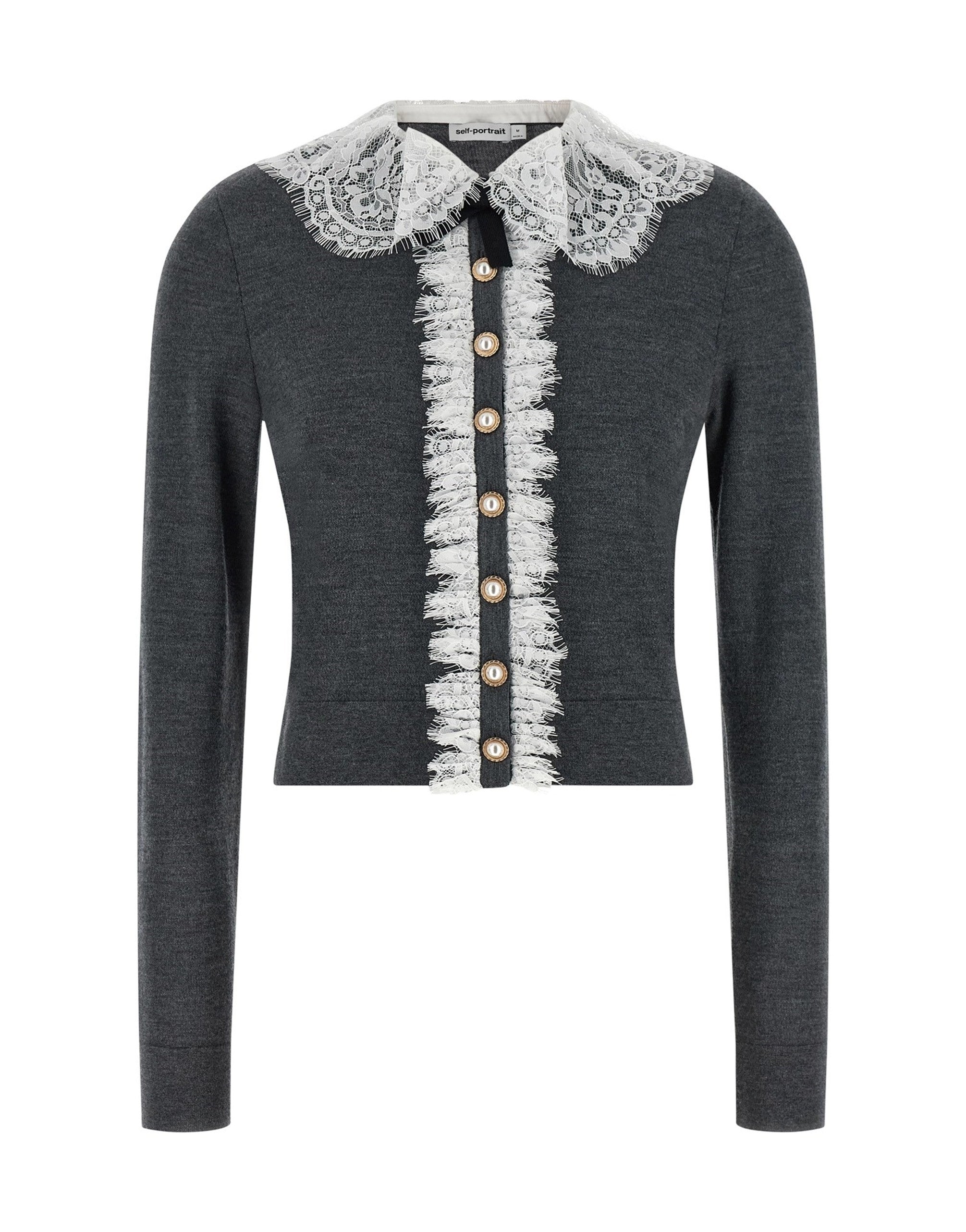 Self-Portrait Grey Lace Collar Knit Cardigan