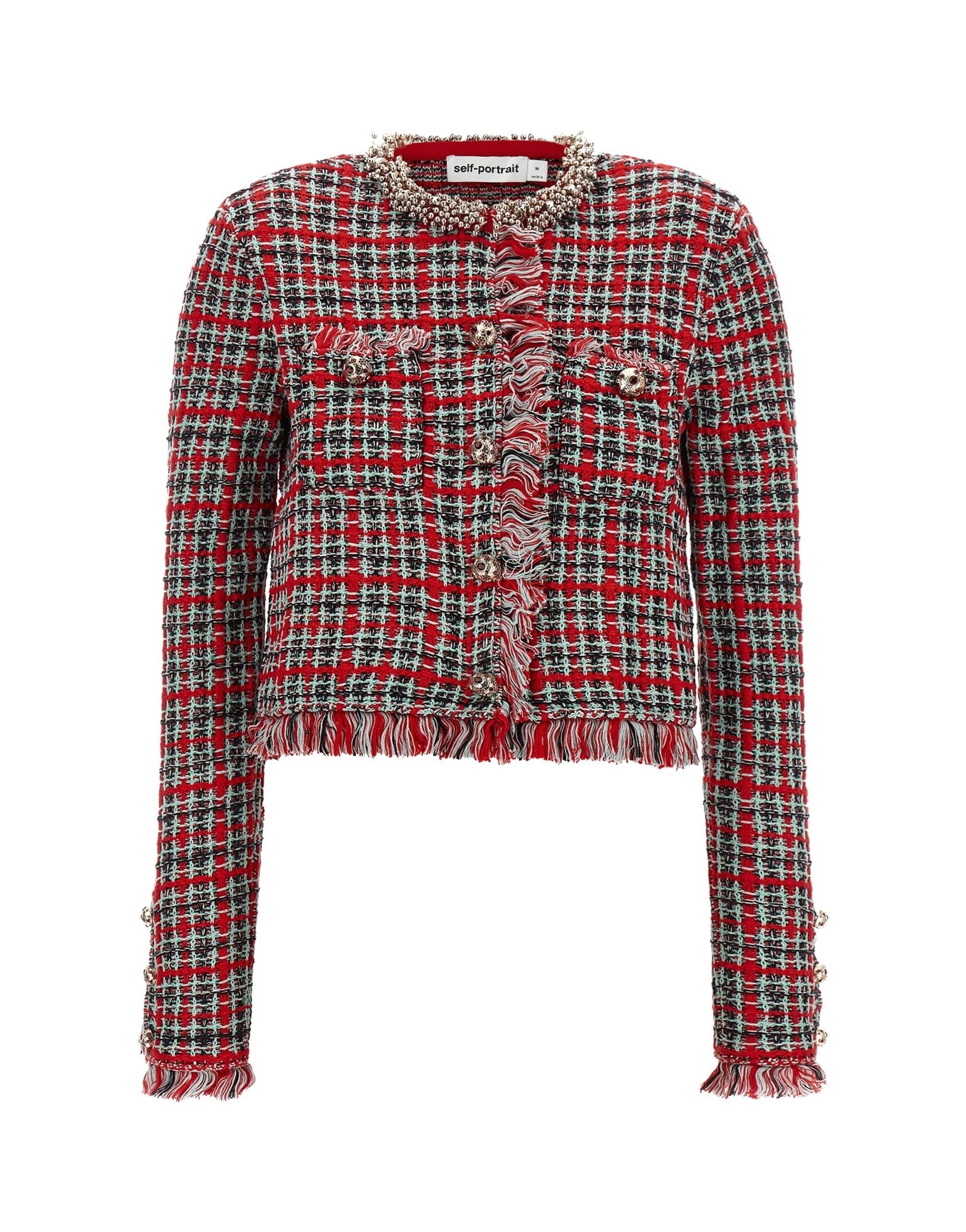 Self-Portrait Fringed Check Knit Jacket