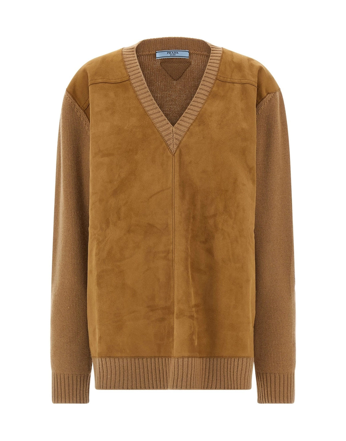 Prada Suede-Detail V-Neck Sweater