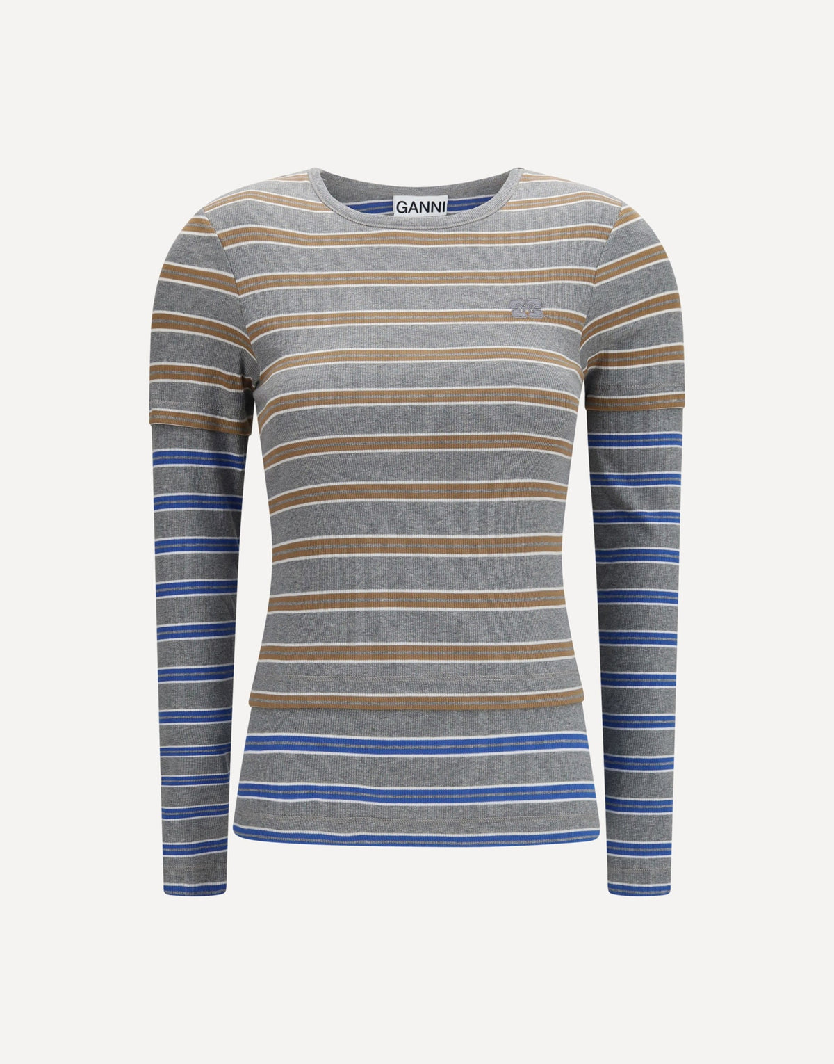 Ganni Double-Sleeve Striped Cotton T-Shirt