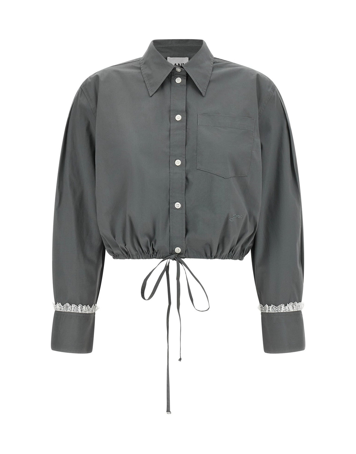 Ganni Cropped Shirt With Lace Trim