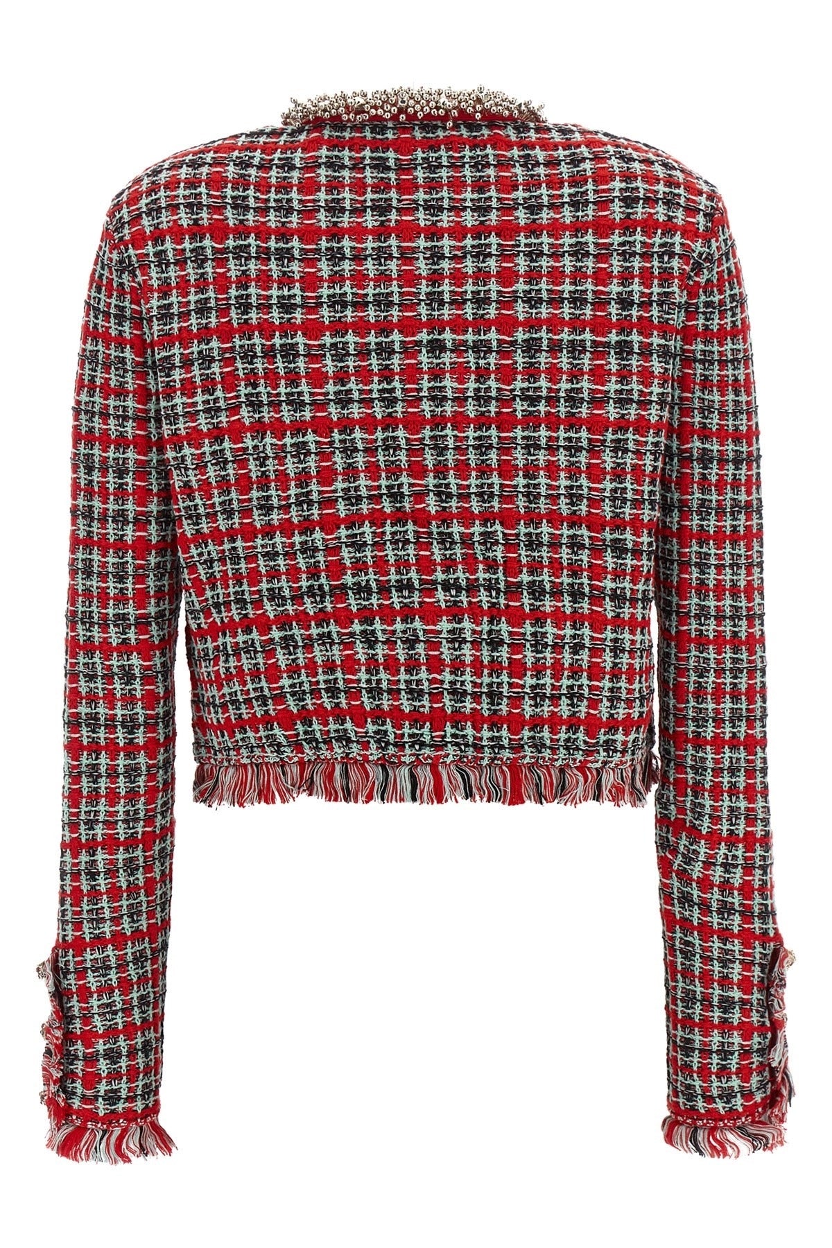 Self-Portrait Fringed Check Knit Jacket