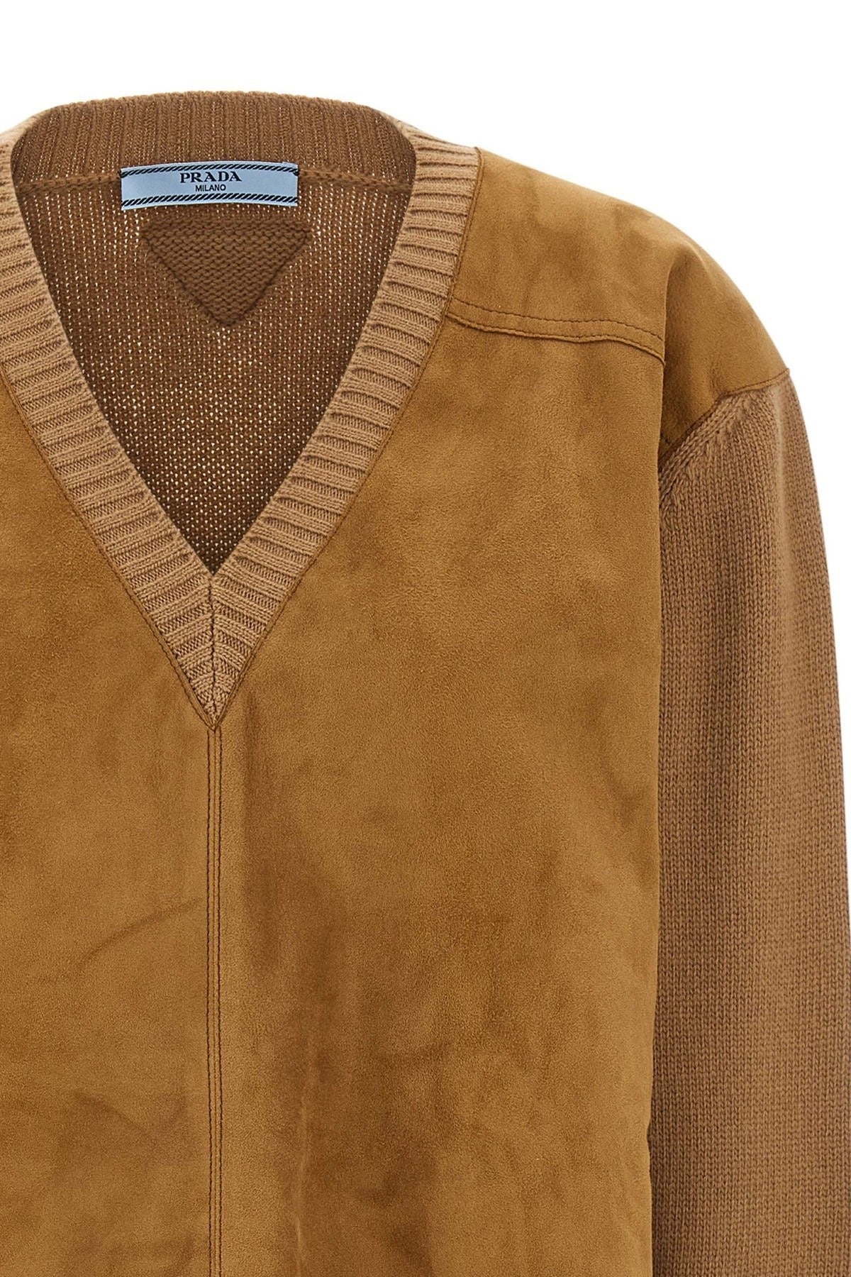 Prada Suede-Detail V-Neck Sweater