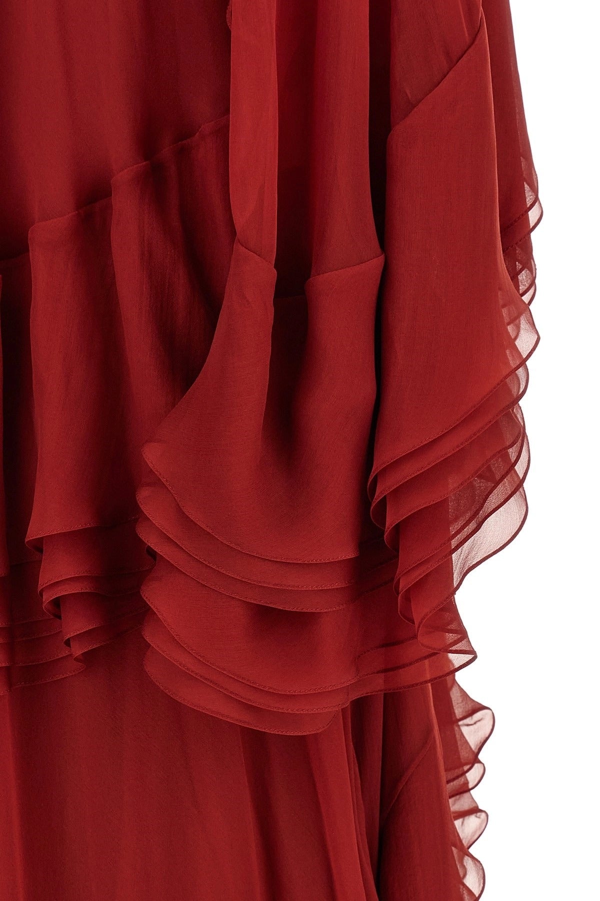 Alberta Ferretti Burgundy High-Neck Ruffle Maxi Dress