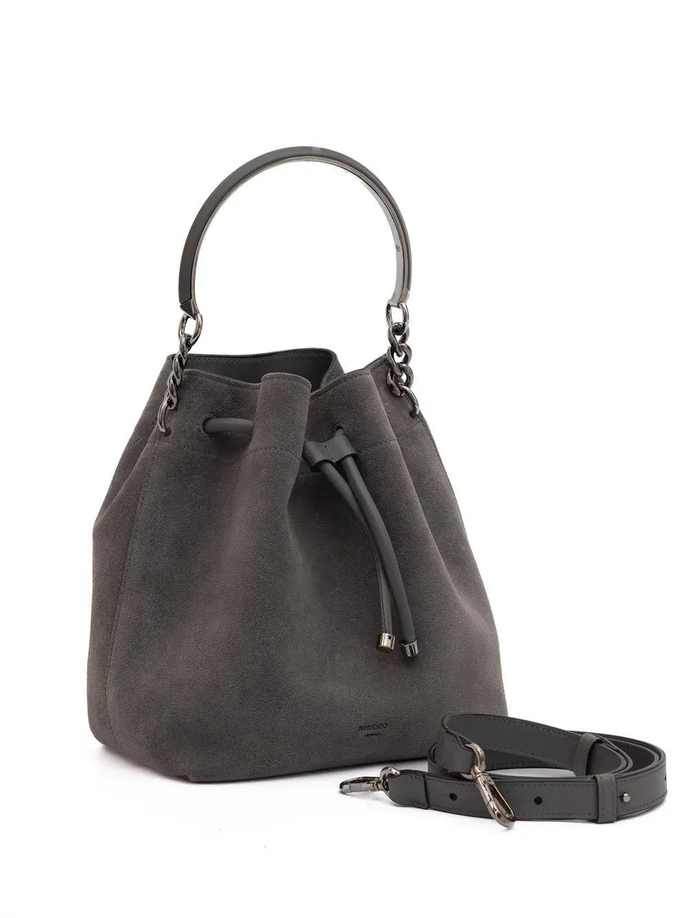 Jimmy Choo Engraved Logo Bon Bon Suede Bucket Bag