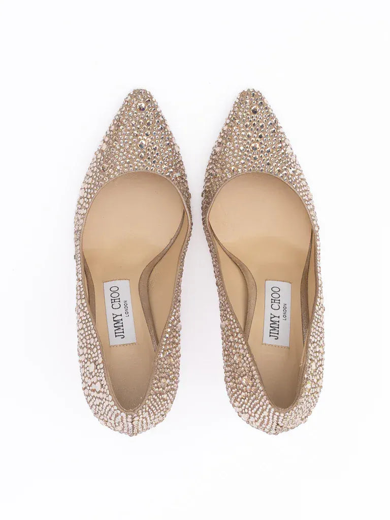 Jimmy Choo Shimmer Suede Crystal Embellished Romy 85 Pumps