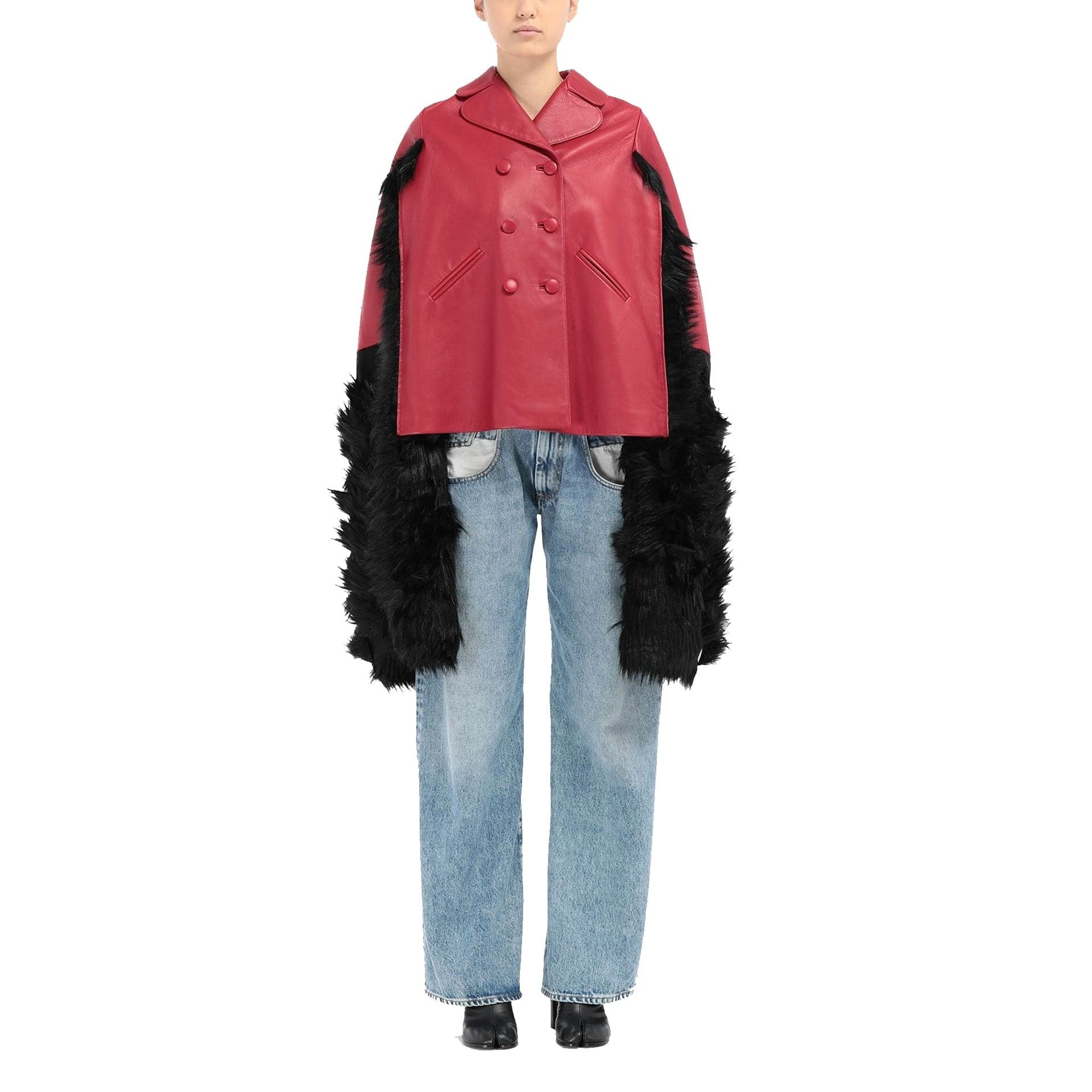 Maison Margiela Faux Fur Trimmed Leather Cape Jacket - alternate view