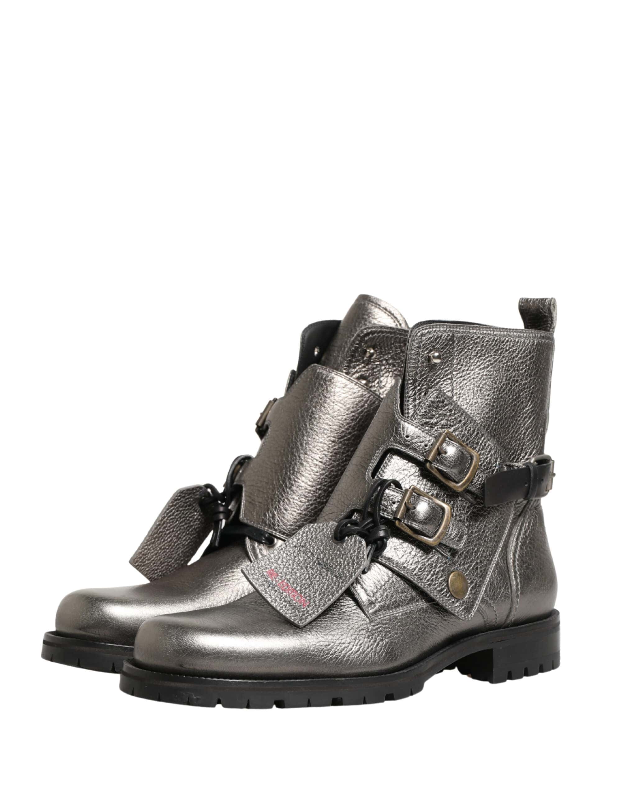 Metallic Leather Buckle Ankle Boots - alternate view