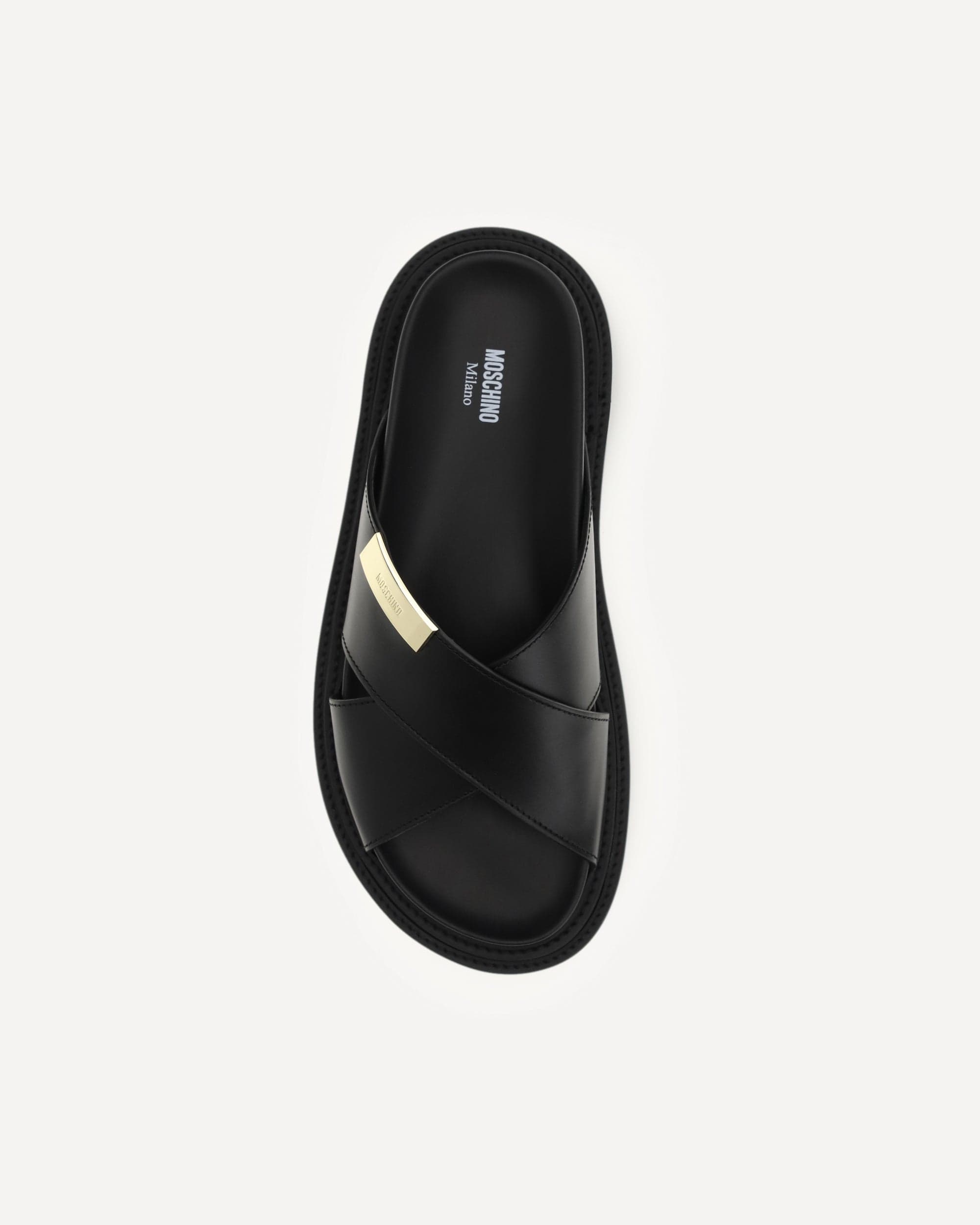 Moschino Leather Cross-Strap Slides Gold Logo
