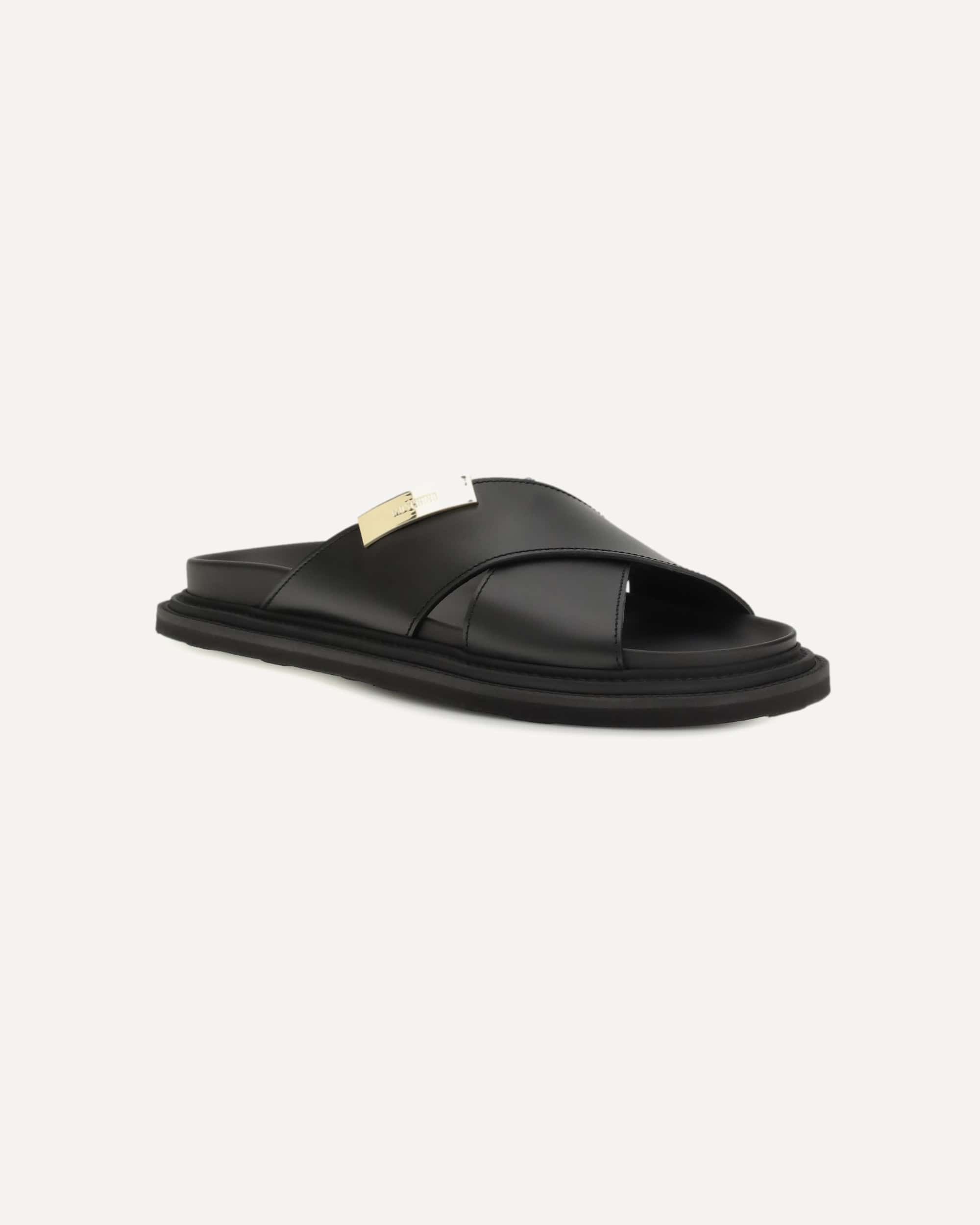 Moschino Leather Cross-Strap Slides Gold Logo - alternate view