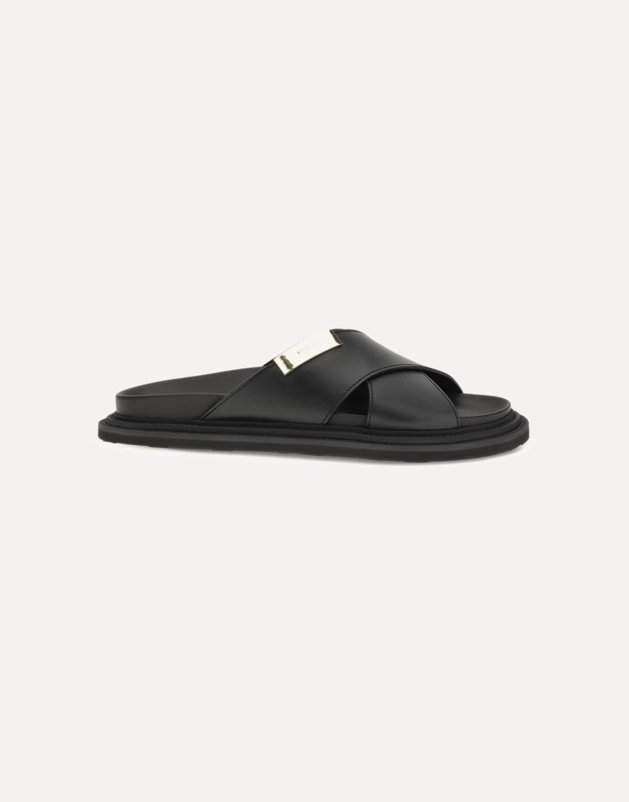 Moschino Leather Cross-Strap Slides Gold Logo