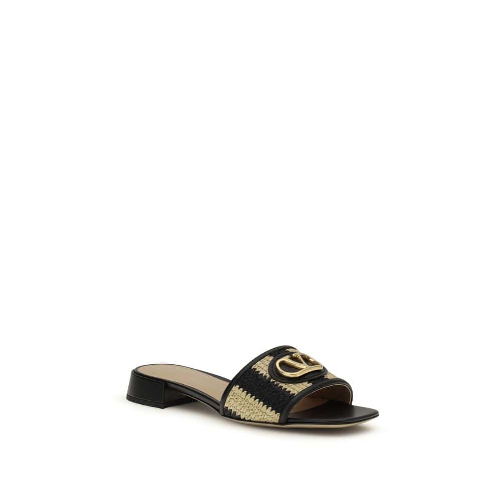 Valentino Garavani VLogo Sierlijke Slides van Gestreept Raffia met Leren Afwerking - alternate view
