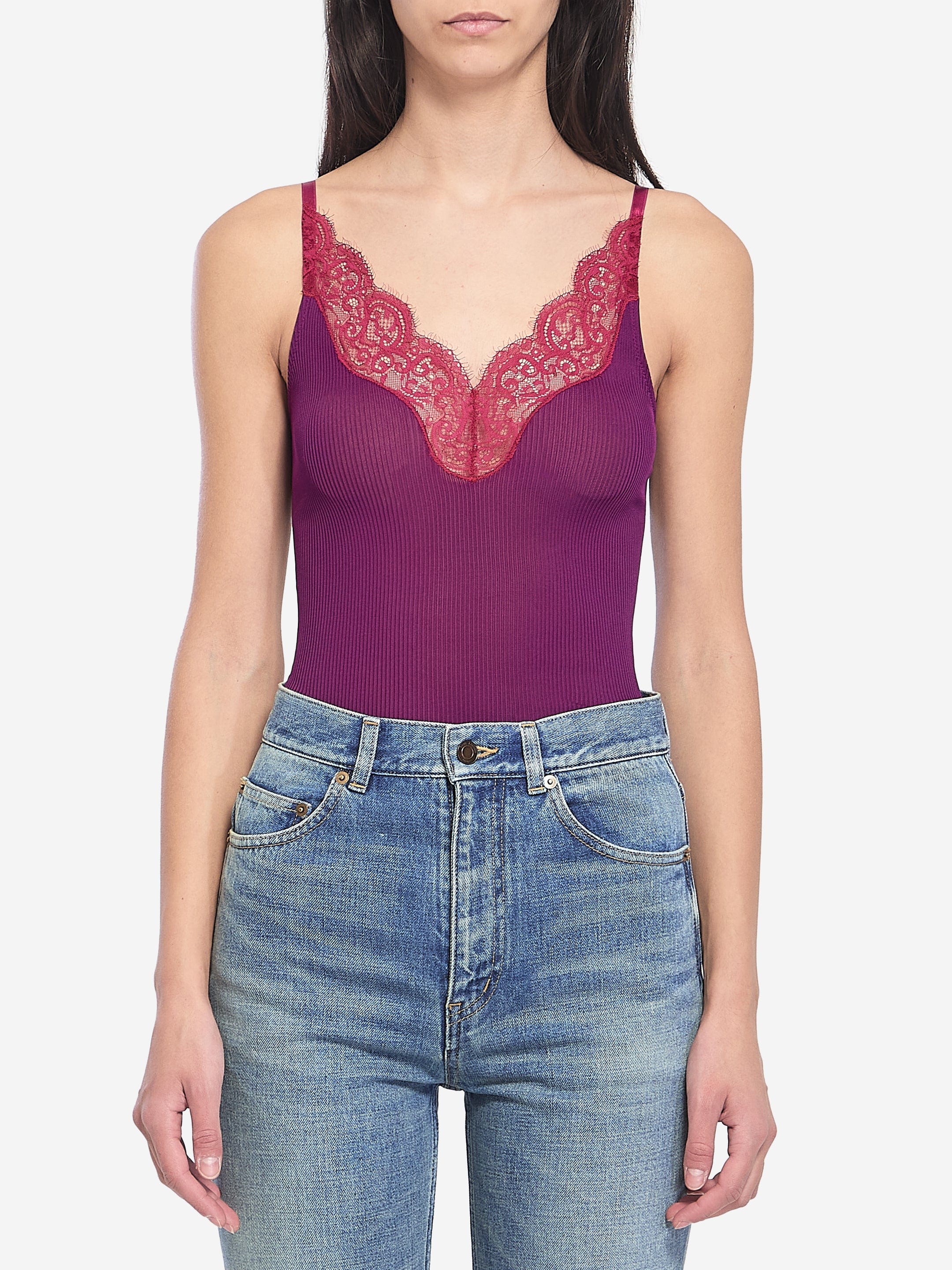 Saint Laurent Lace Ribbed Silk Tank Top