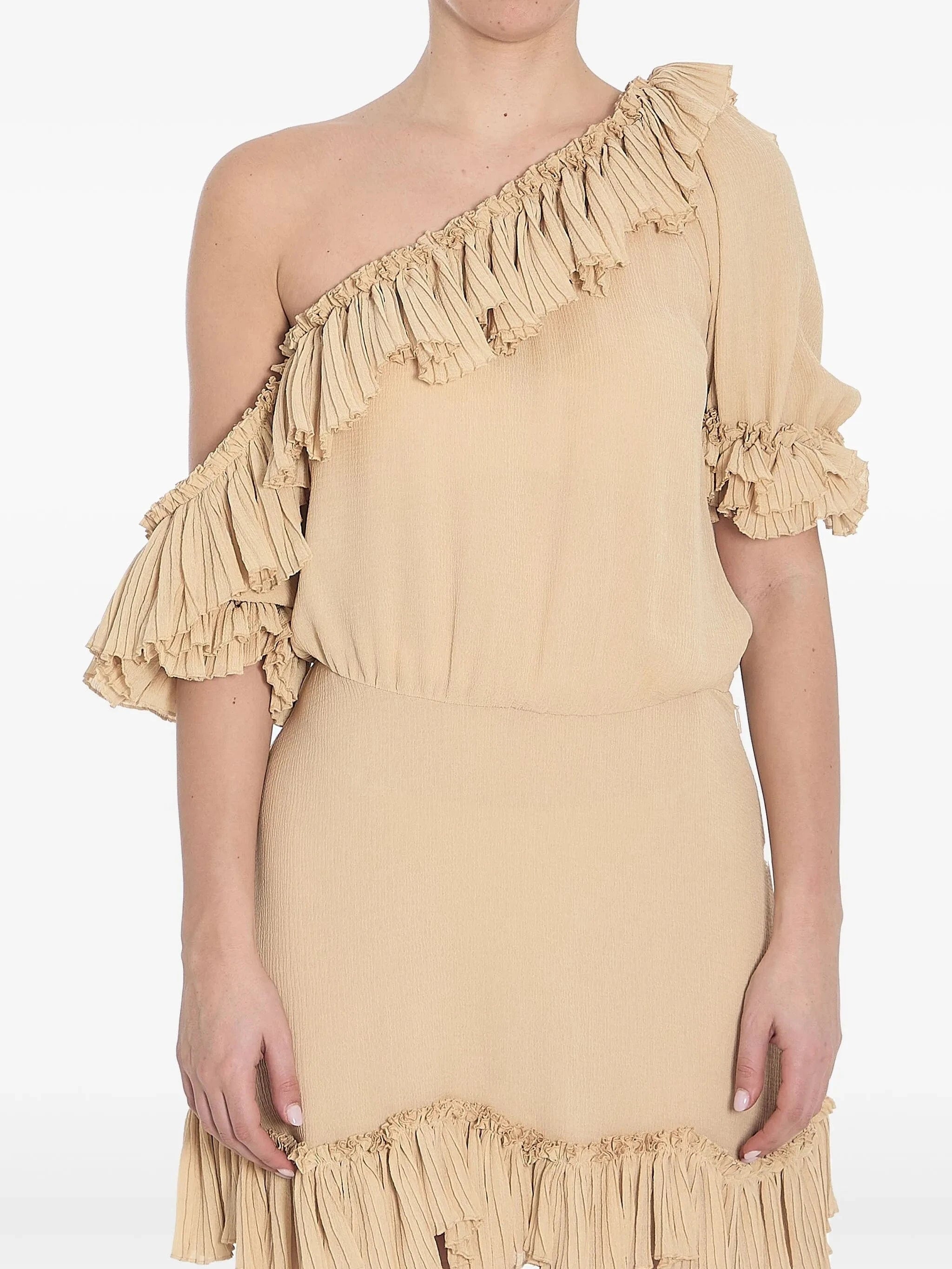 Saint Laurent One-Shoulder Ruffled Crepon Silk Mini Dress