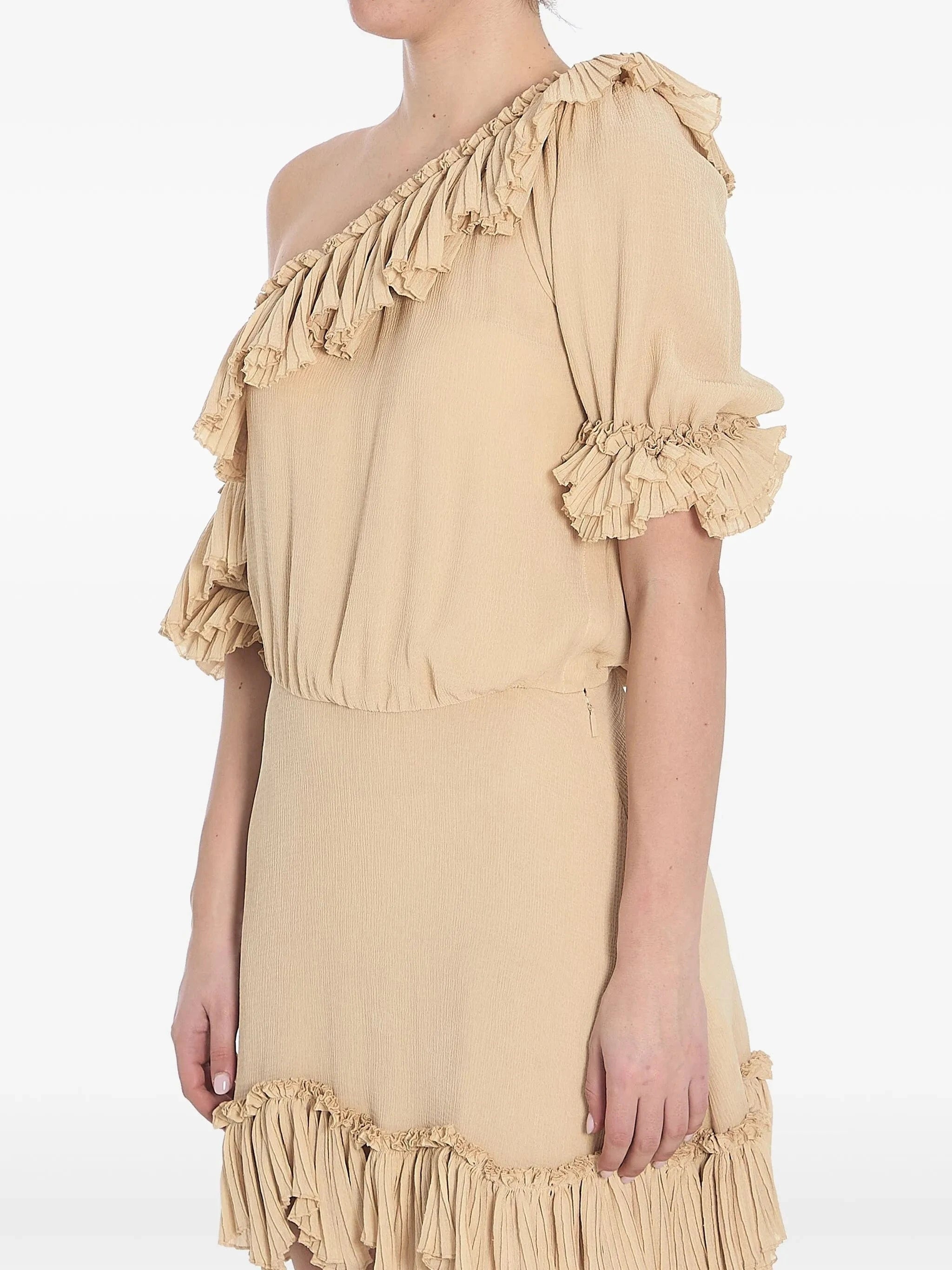 Saint Laurent One-Shoulder Ruffled Crepon Silk Mini Dress