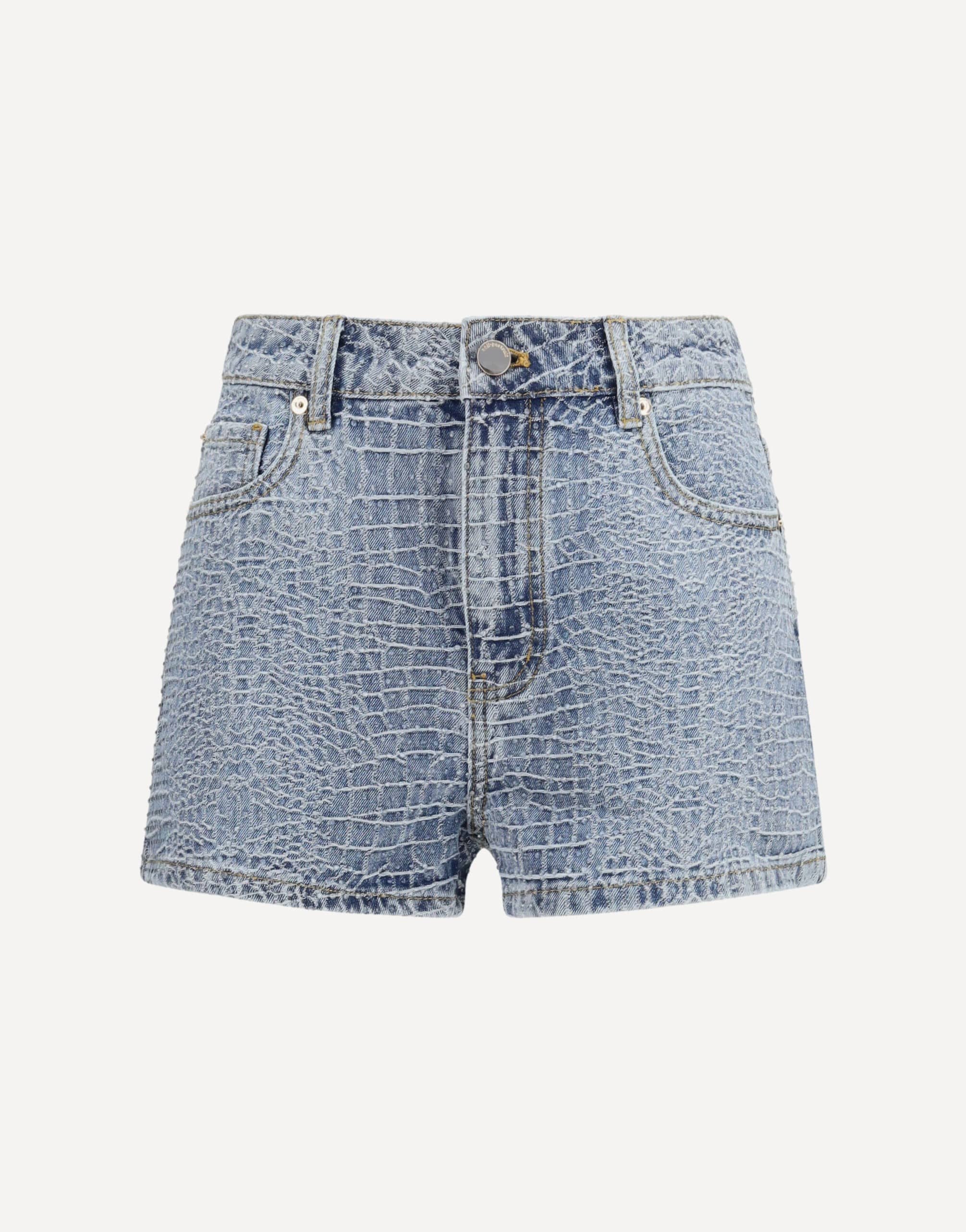 Self-Portrait Croc Effect Rhinestone Denim Shorts
