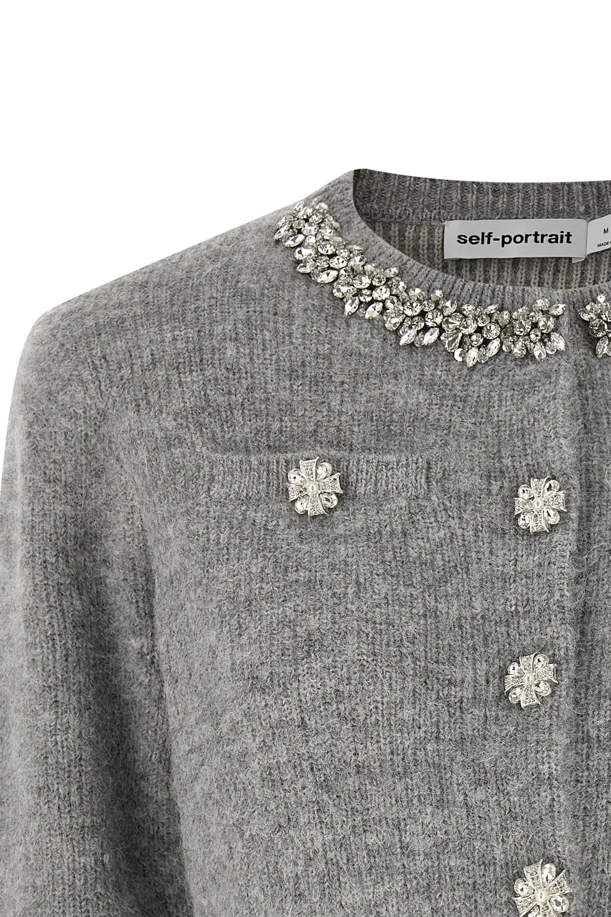 Self-Portrait Grey Fluffy Crystal Trim Cardigan