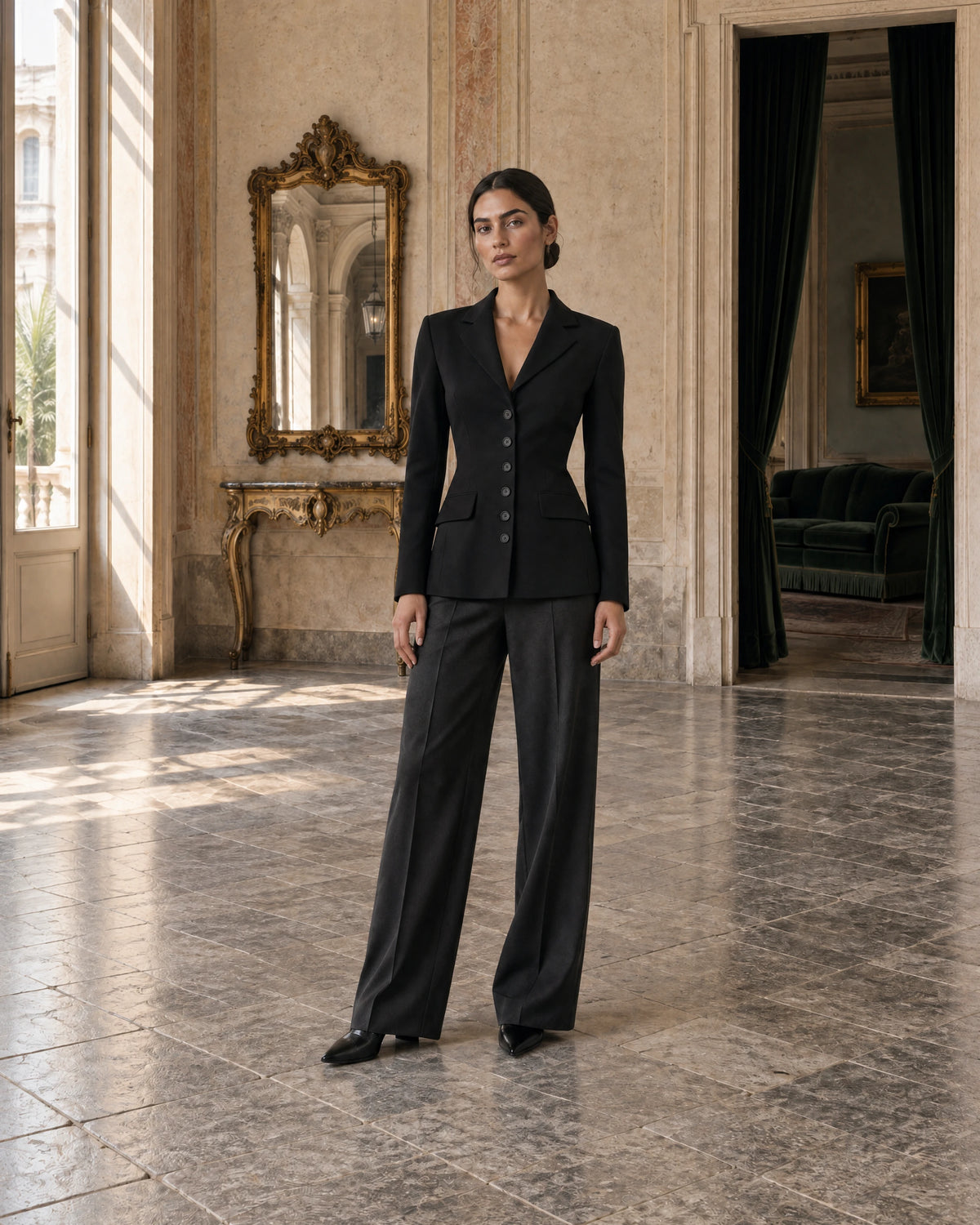 Autumn Italian tailoring editorial with a woman in a fitted black wool jacket