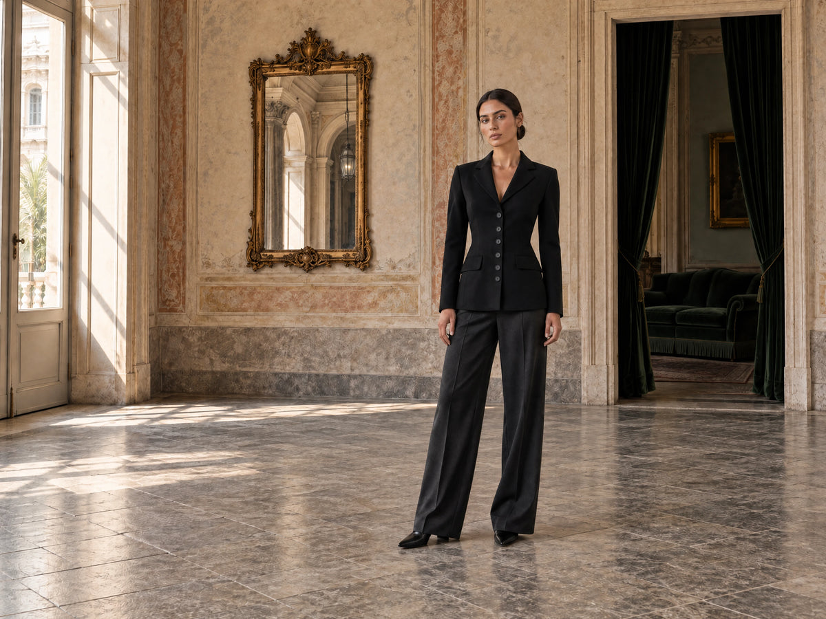 Autumn Italian tailoring editorial with a woman in a fitted black wool jacket