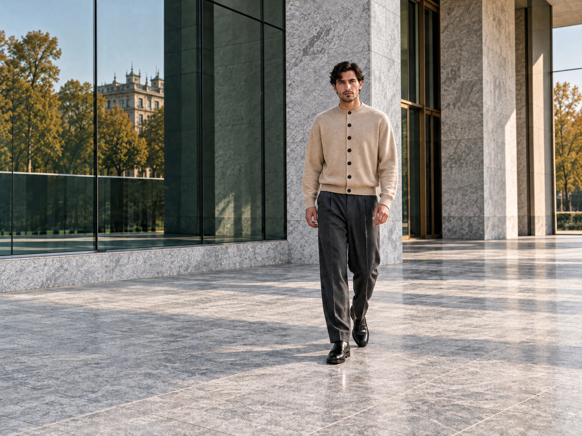Autumn city editorial with a man in a beige wool cardigan and charcoal trousers