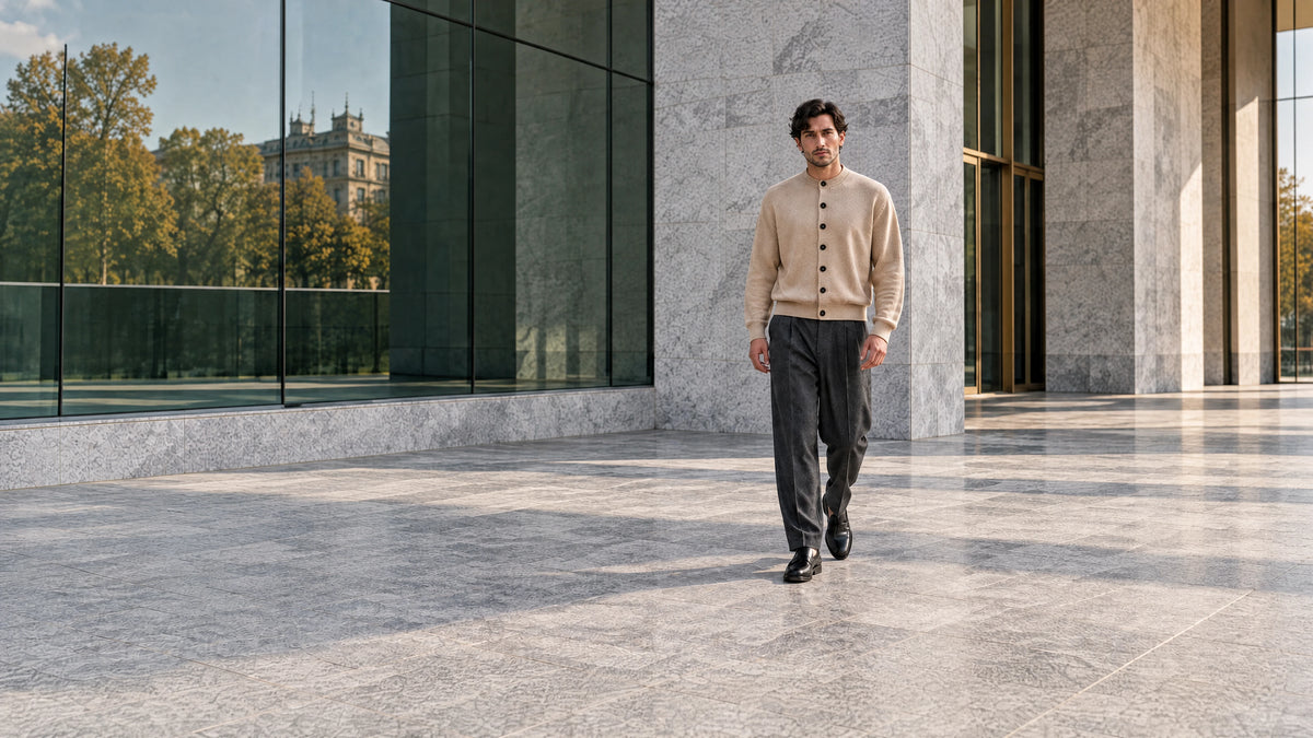Autumn city editorial with a man in a beige wool cardigan and charcoal trousers