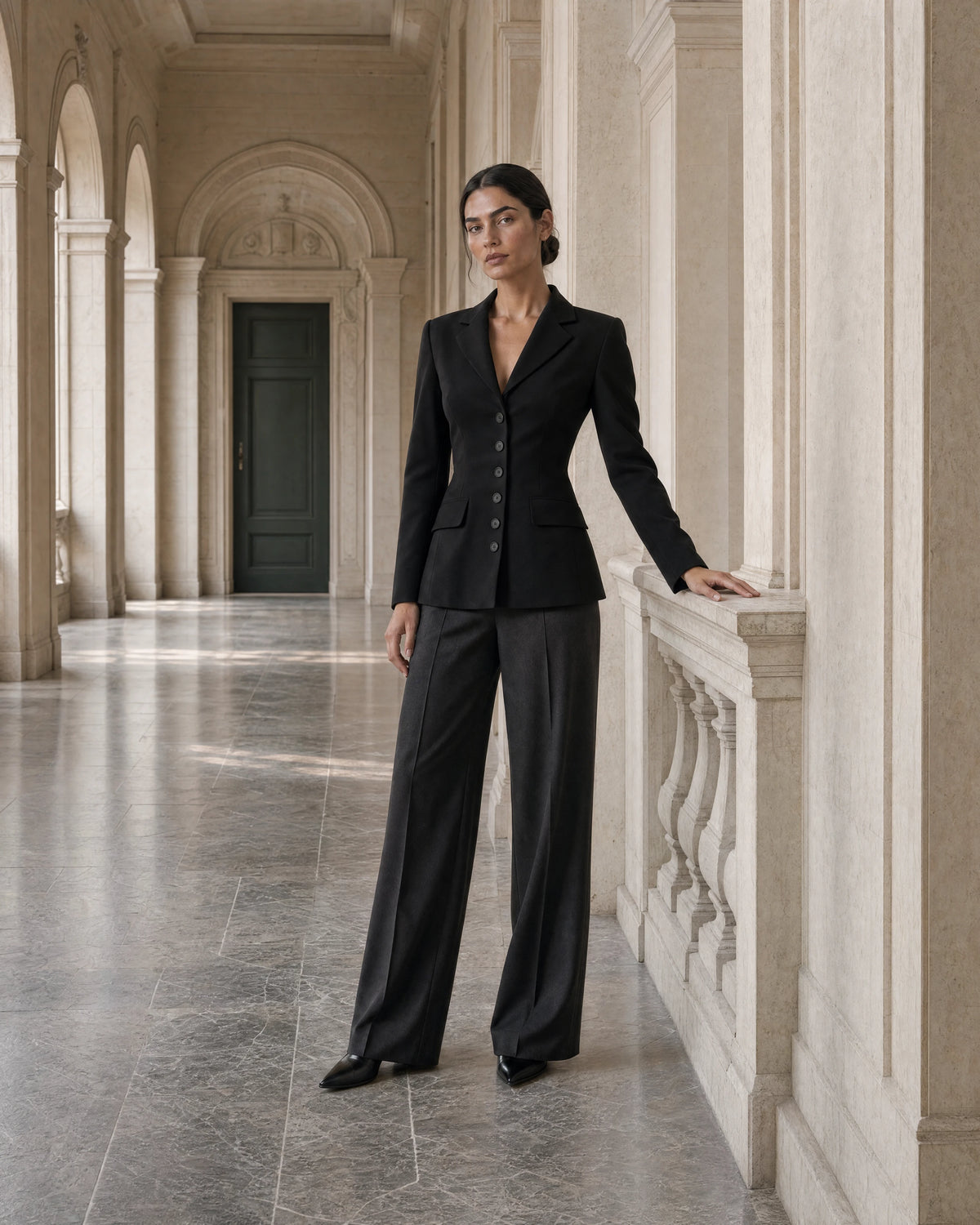 Woman wearing a fitted black wool jacket and tailored trousers in an Italian gallery