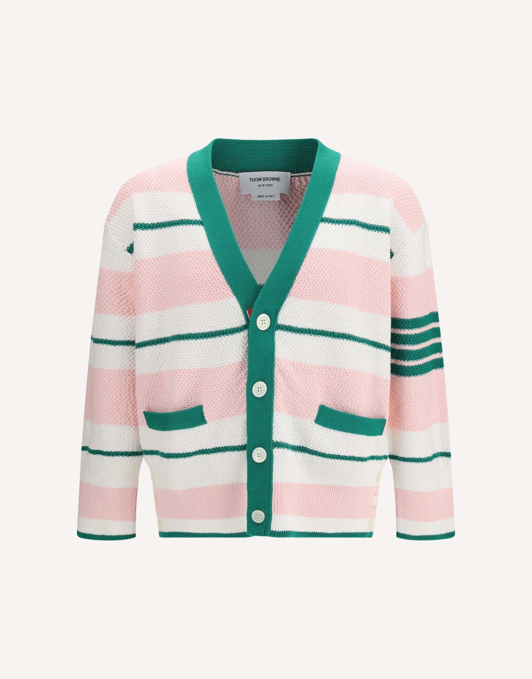 Thom Browne Classic Stripe Seed Stitch V Neck Cardigan