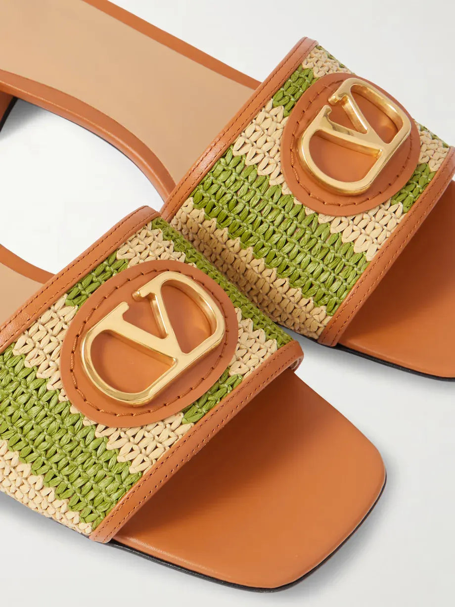 Valentino Garavani VLogo Leather-Trimmed Raffia Slides