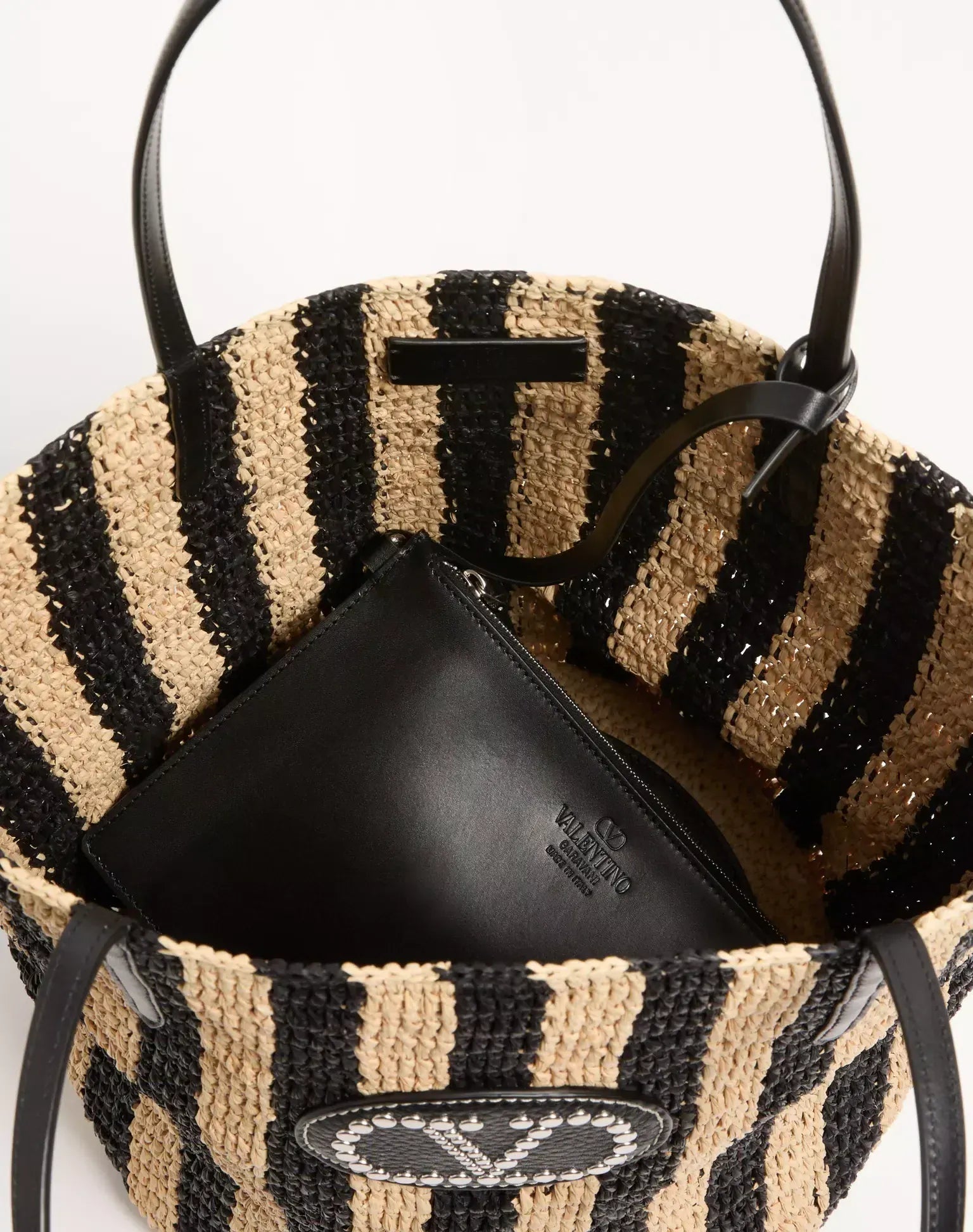 Valentino Garavani VLogo Signature Small Striped Raffia Bucket Bag