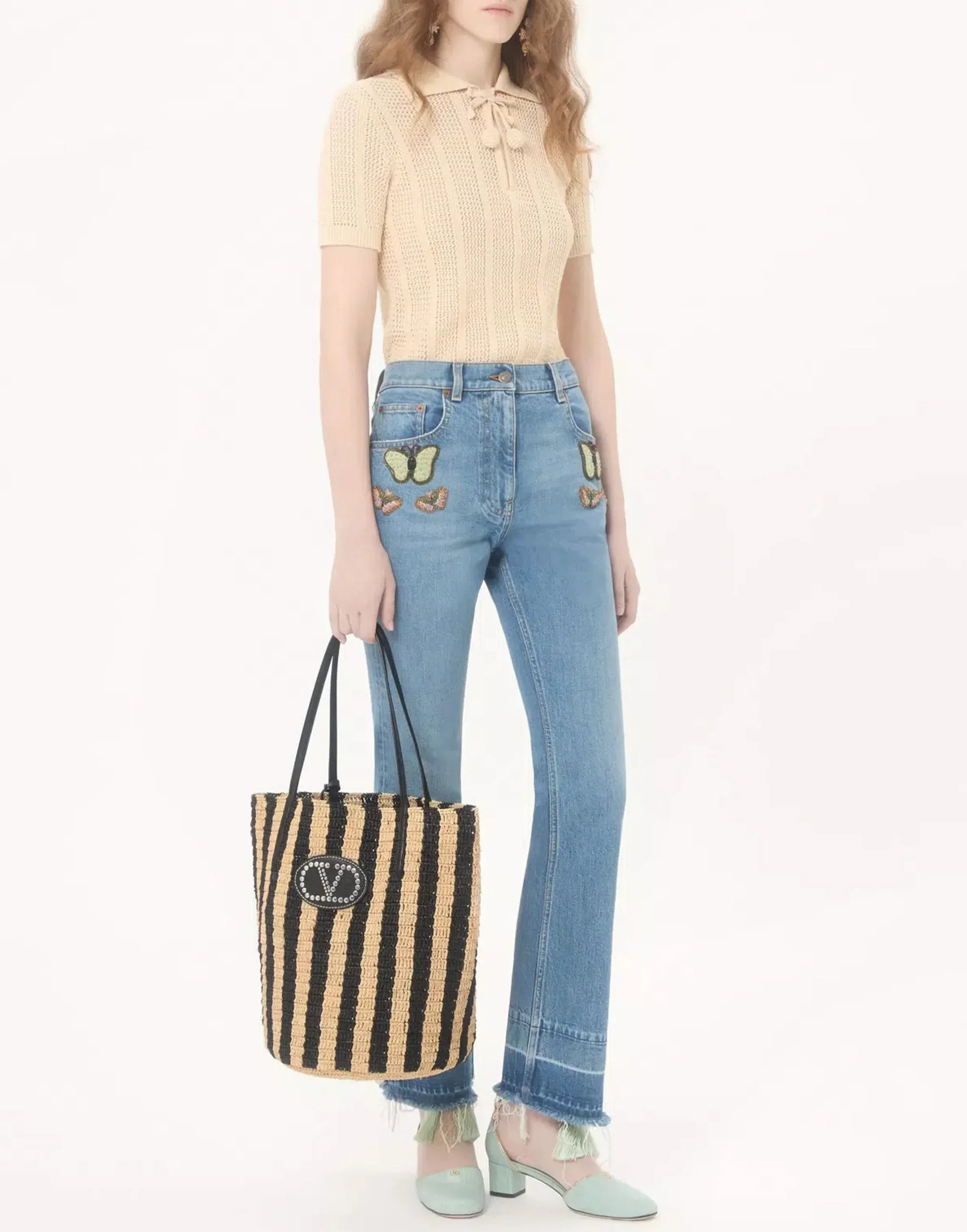 Valentino Garavani VLogo Signature Small Striped Raffia Bucket Bag - alternate view