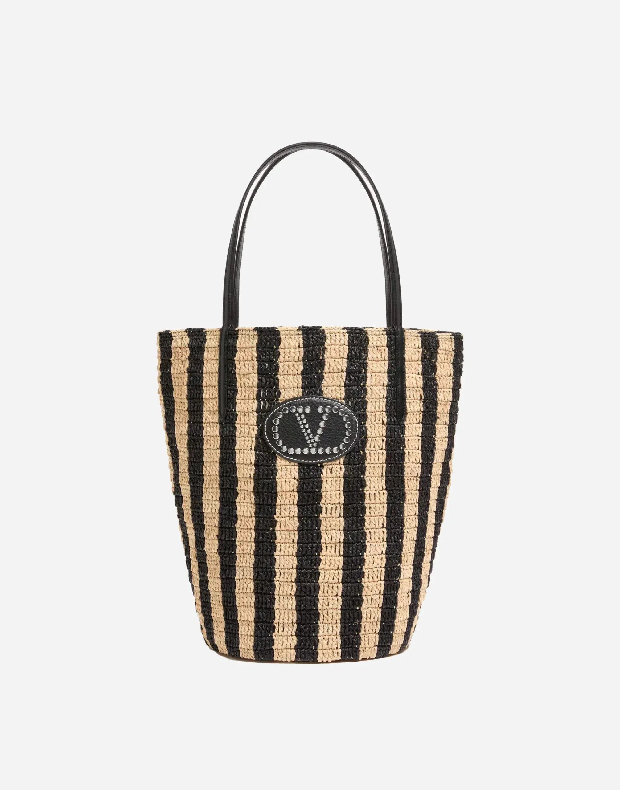 Valentino Garavani VLogo Signature Small Striped Raffia Bucket Bag